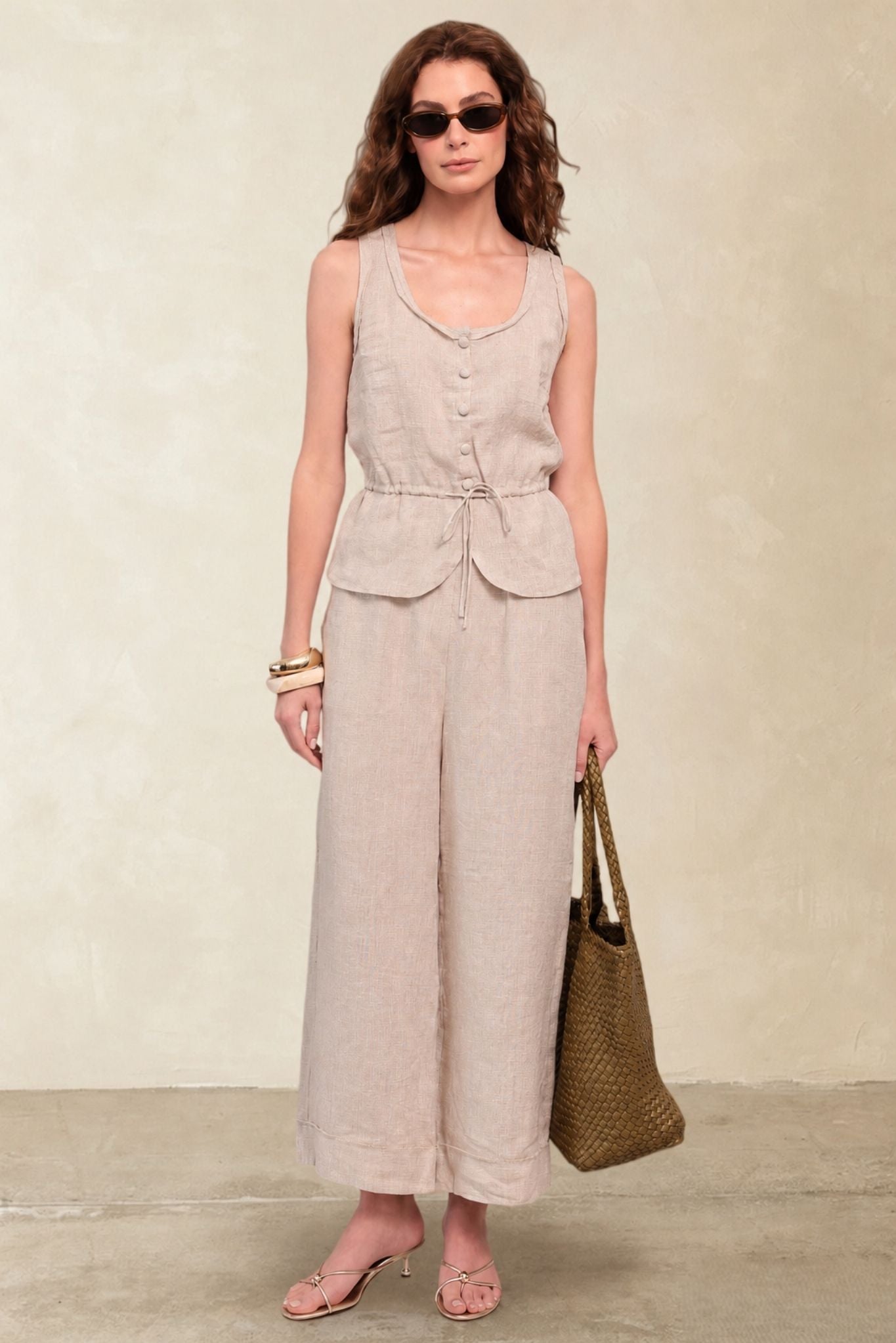 Maris Linen Button Up Drawstring Tank