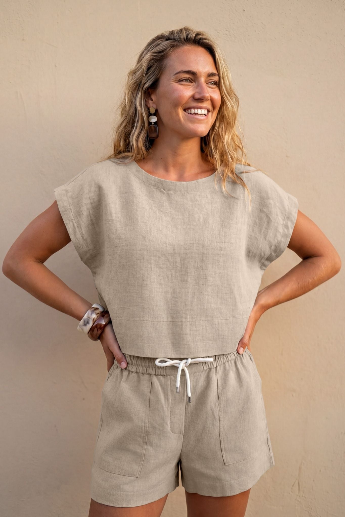 Serra Linen Boat Neck Cropped Top