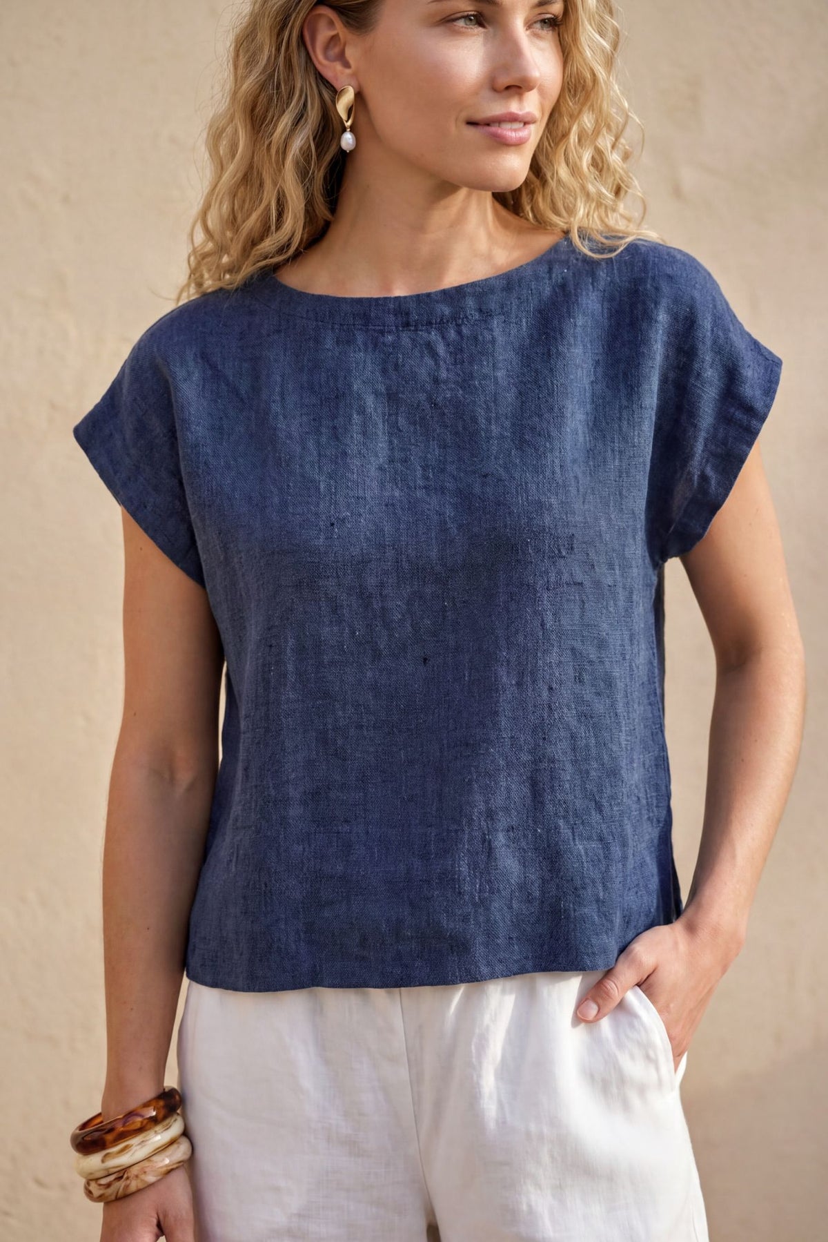 Serra Linen Boat Neck Cropped Top