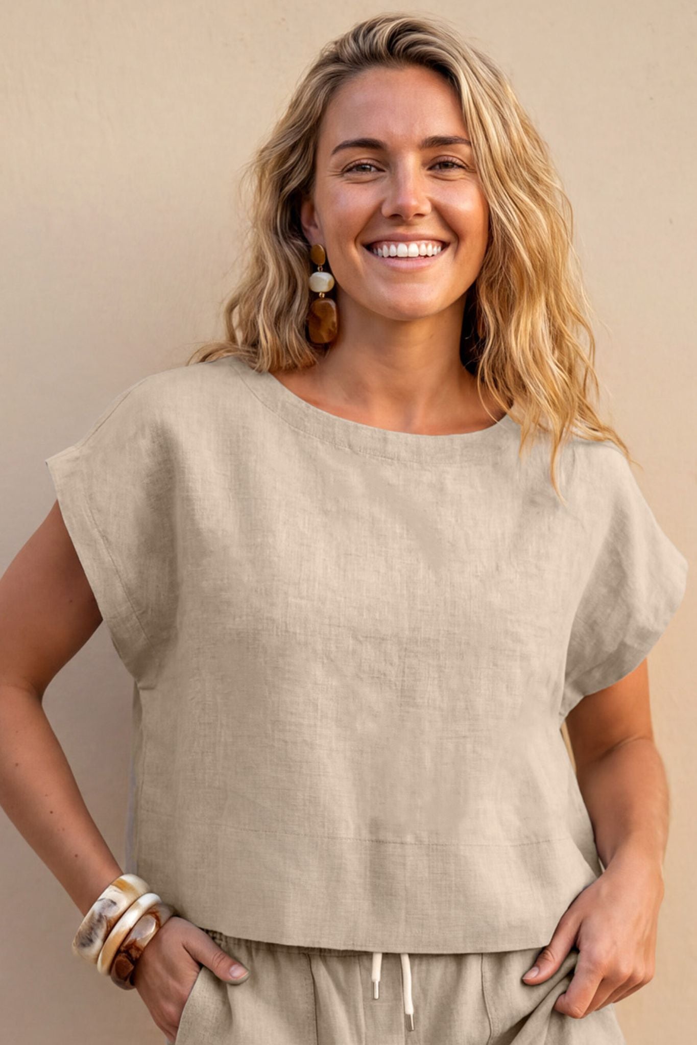 Serra Linen Boat Neck Cropped Top