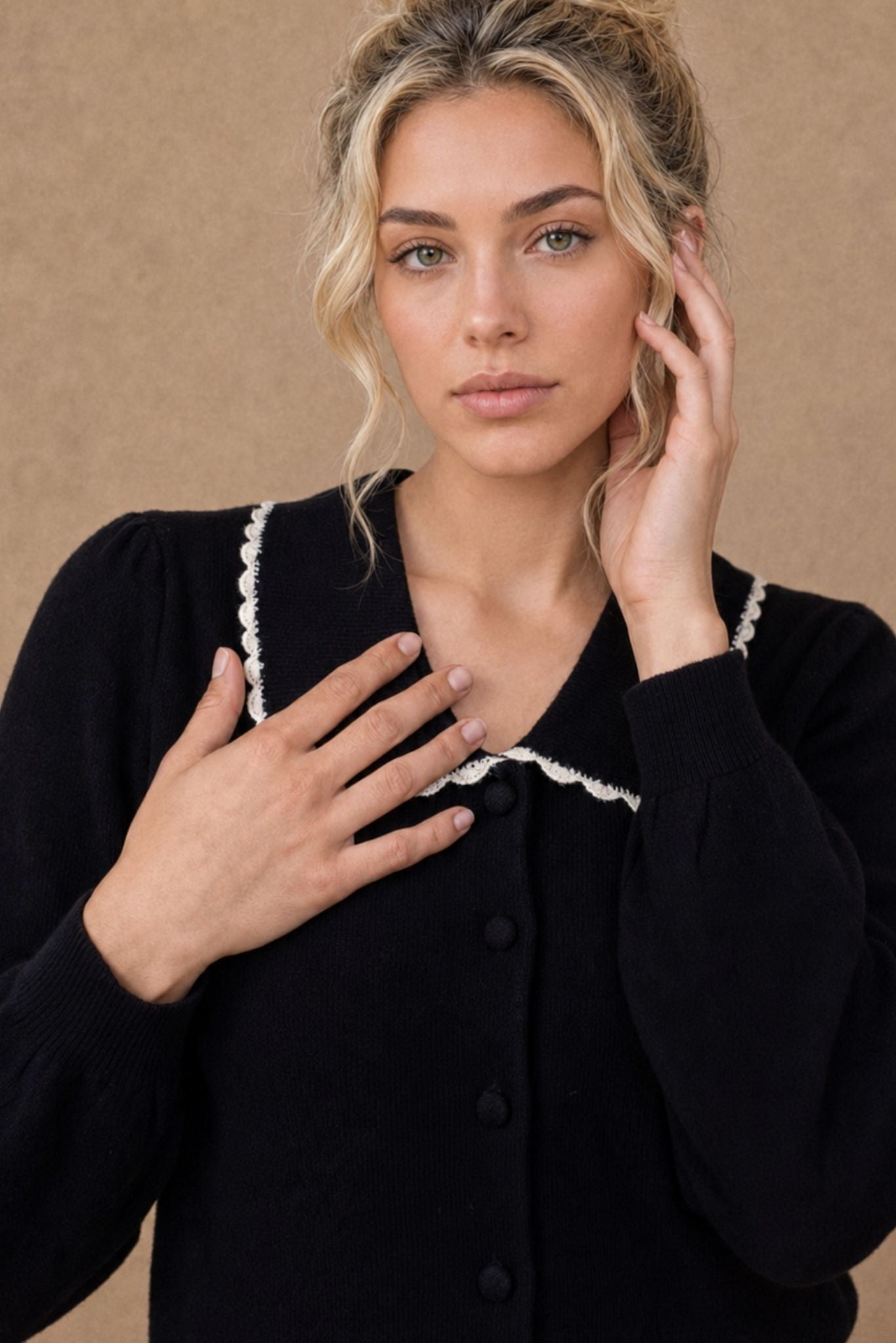 Bellamy Cashmere Collared Cardigan with Lace Trim