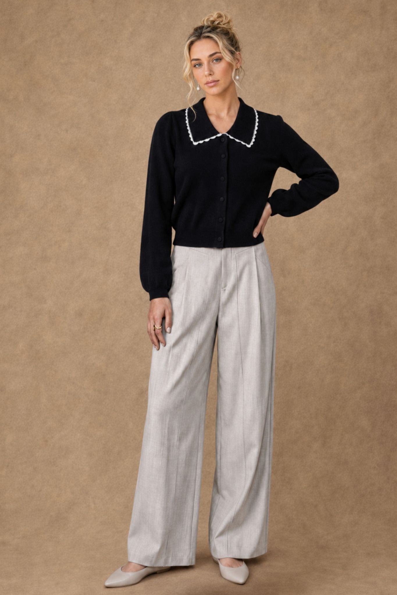 Bellamy Cashmere Collared Cardigan with Lace Trim