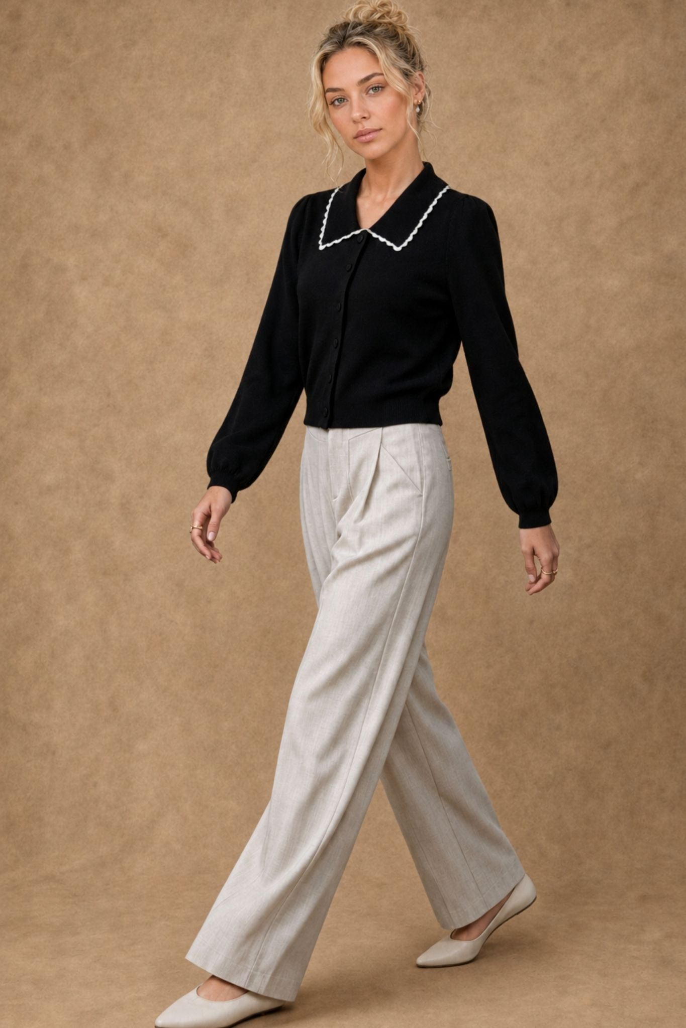 Bellamy Cashmere Collared Cardigan with Lace Trim