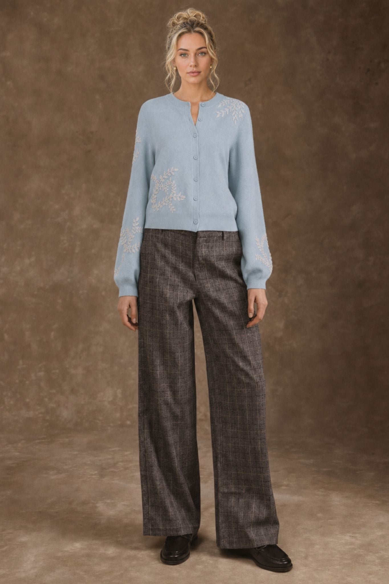Lilah Cashmere Floral Embroidery Lantern Sleeve Cardigan