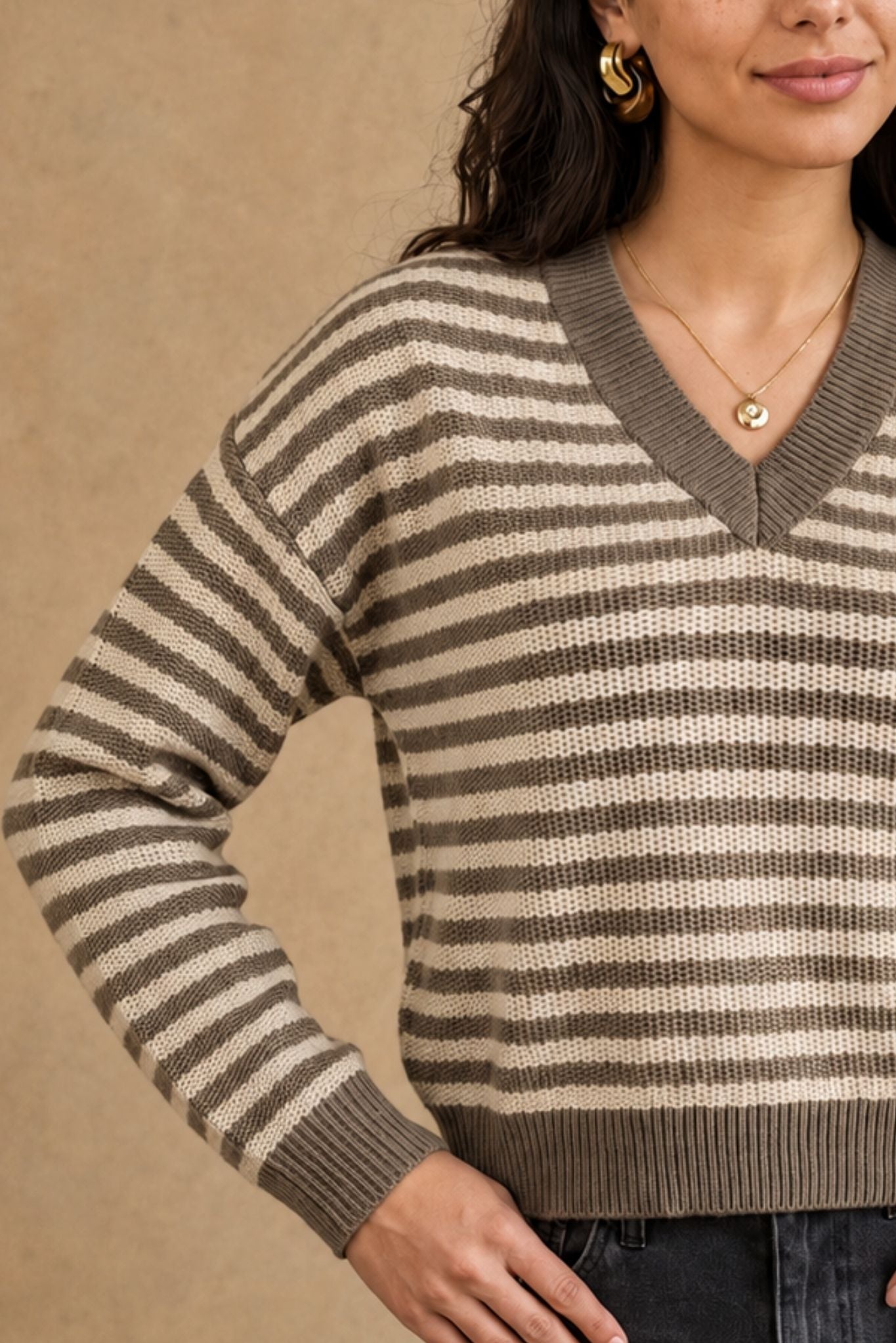 Mandee Cotton Cashmere Stripe V-Neck Pullover