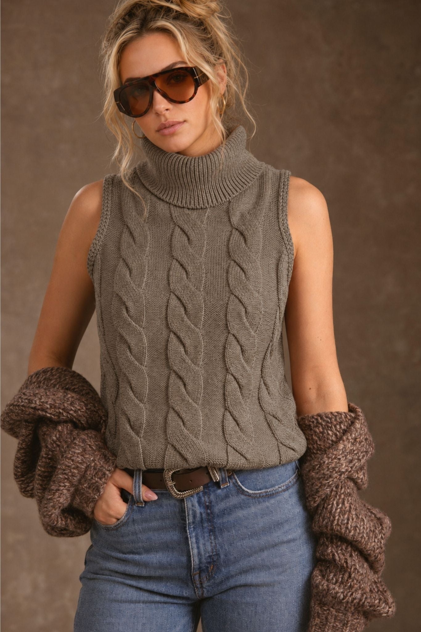 Indie Cotton Cashmere Cable Turtleneck Tank