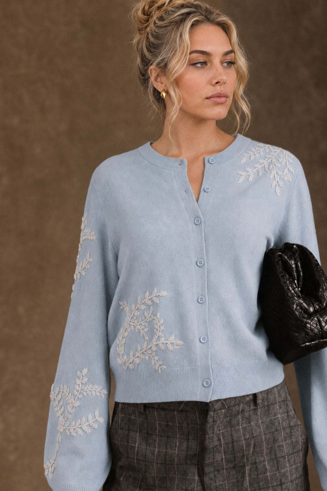 Lilah Cashmere Floral Embroidery Lantern Sleeve Cardigan