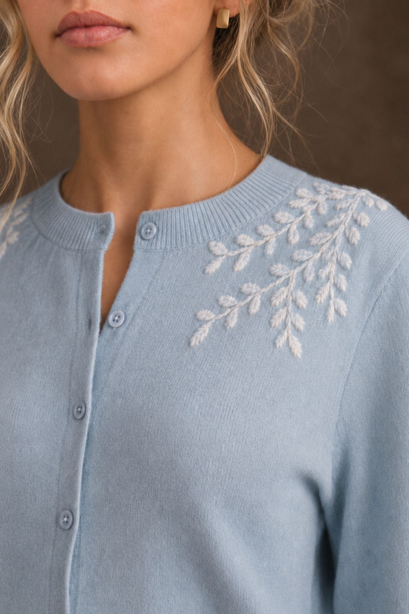 Lilah Cashmere Floral Embroidery Lantern Sleeve Cardigan
