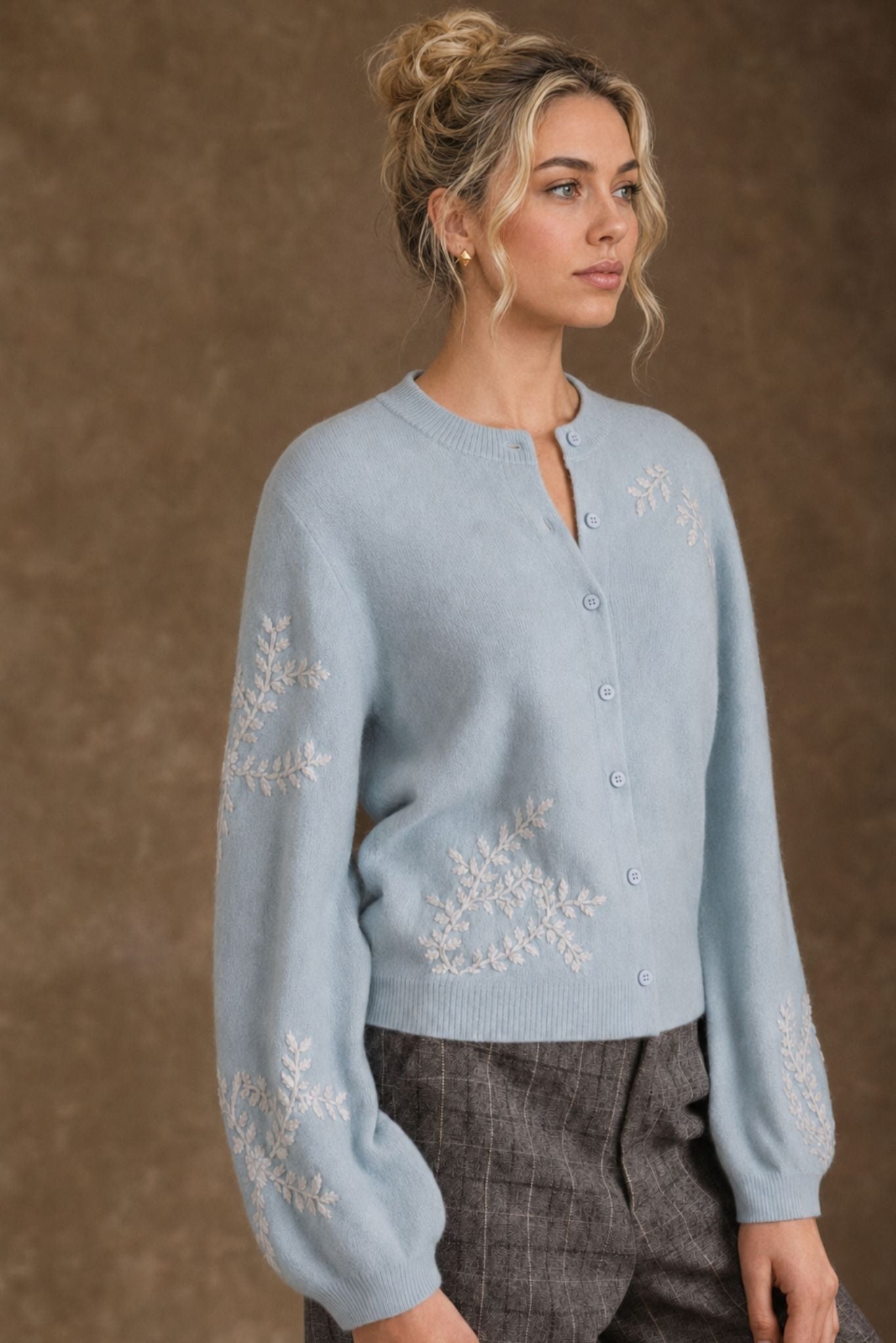 Lilah Cashmere Floral Embroidery Lantern Sleeve Cardigan
