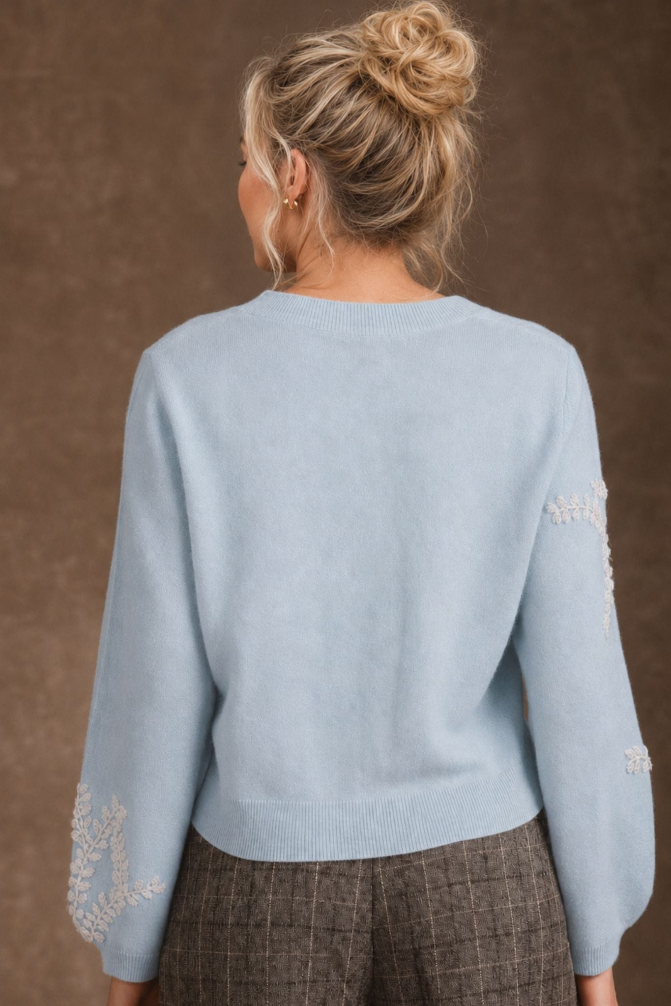 Lilah Cashmere Floral Embroidery Lantern Sleeve Cardigan