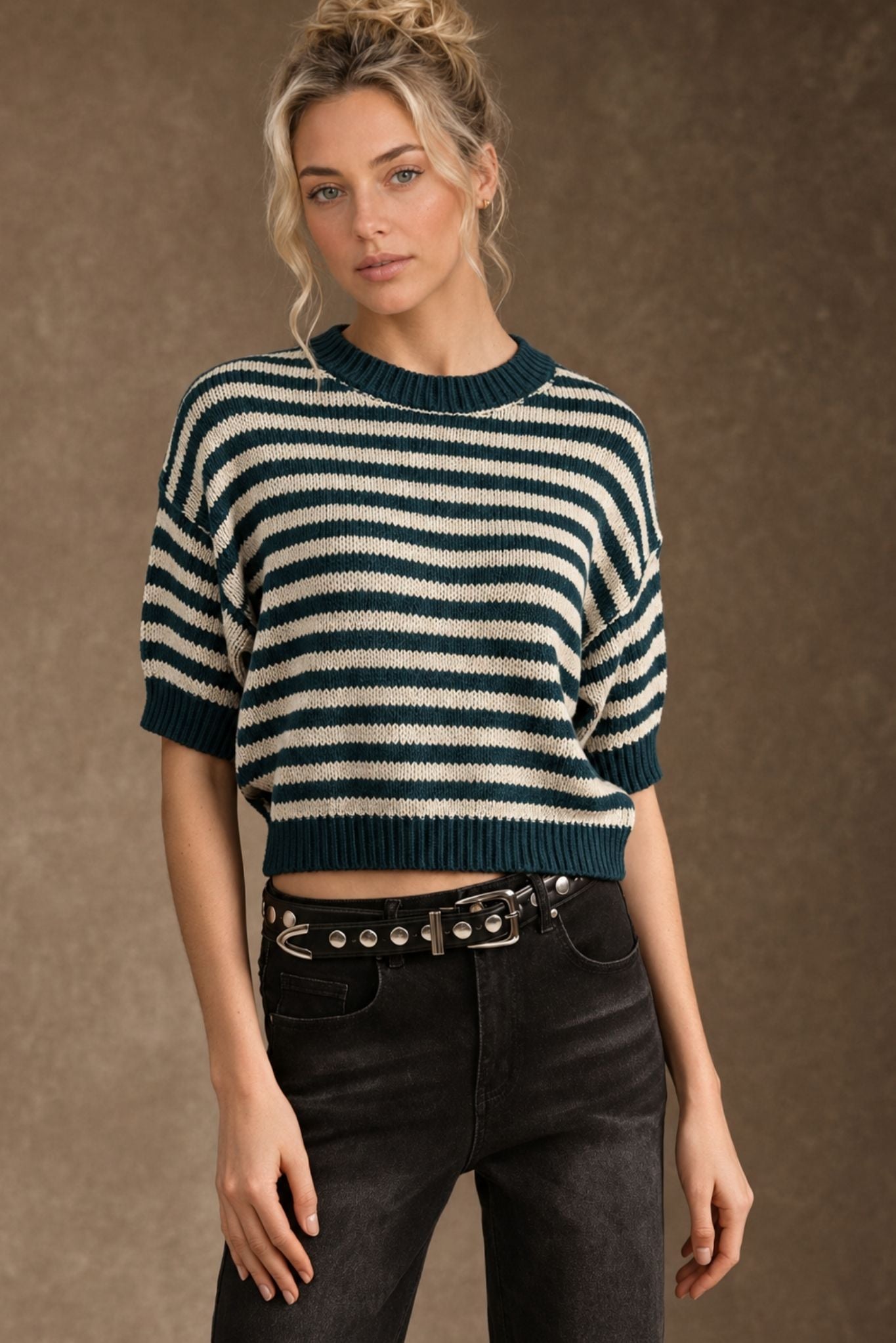Zella Cotton Cashmere Striped Short Sleeve Pullover