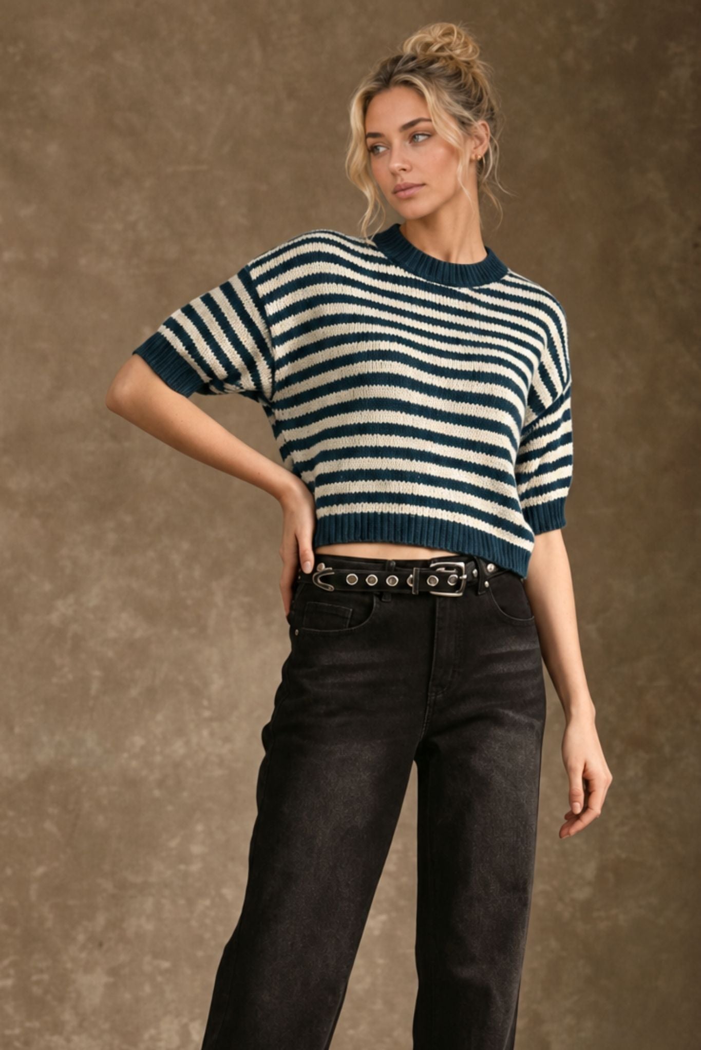 Zella Cotton Cashmere Striped Short Sleeve Pullover