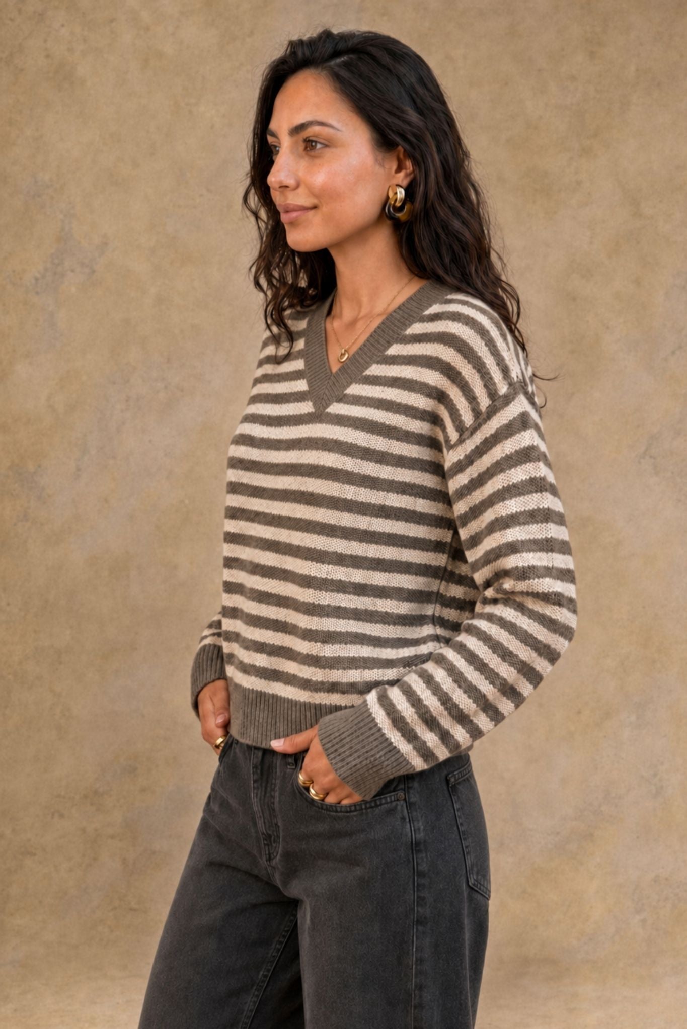 Mandee Cotton Cashmere Stripe V-Neck Pullover