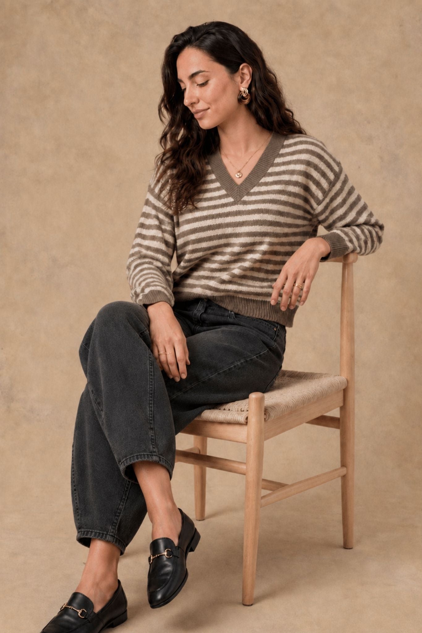 Mandee Cotton Cashmere Stripe V-Neck Pullover