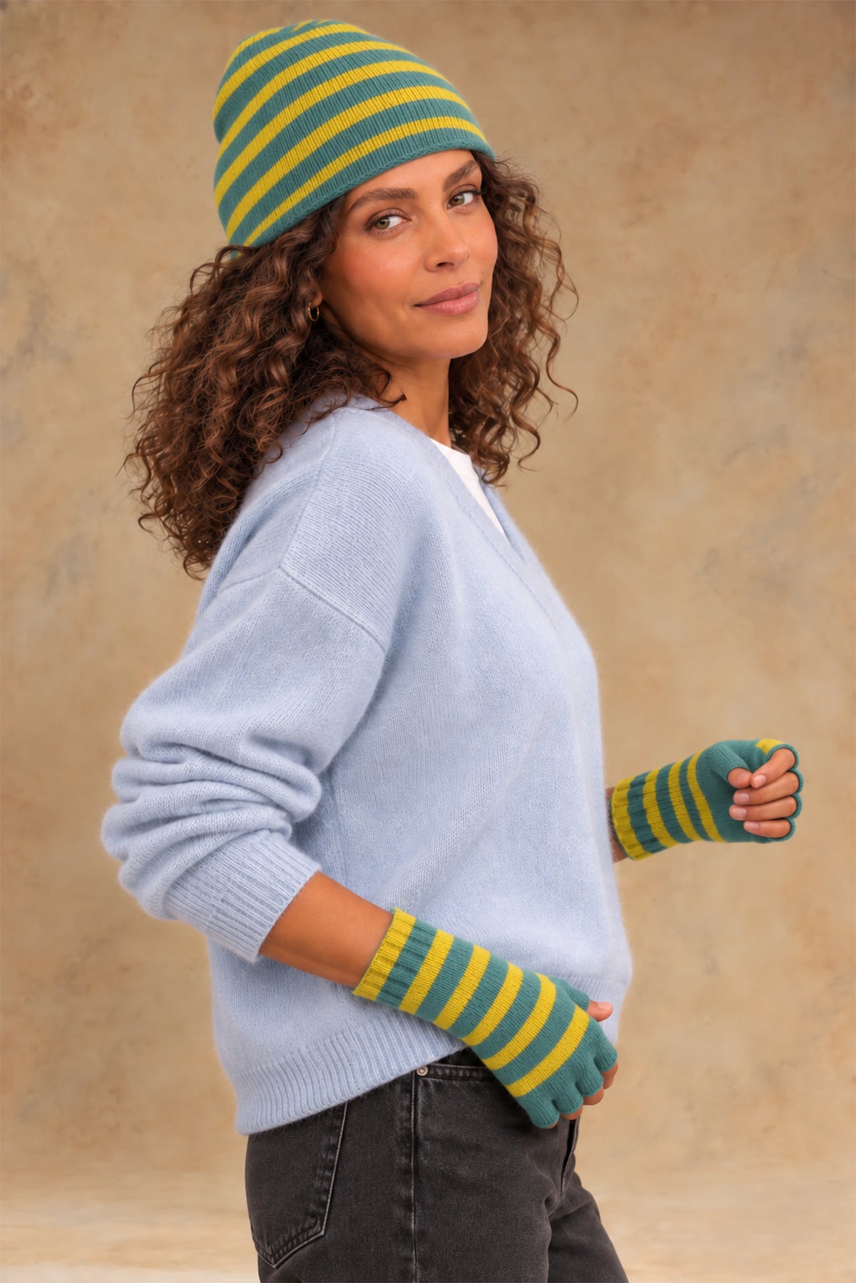 Elsa Gloves Cashmere Striped Fingerless Gloves
