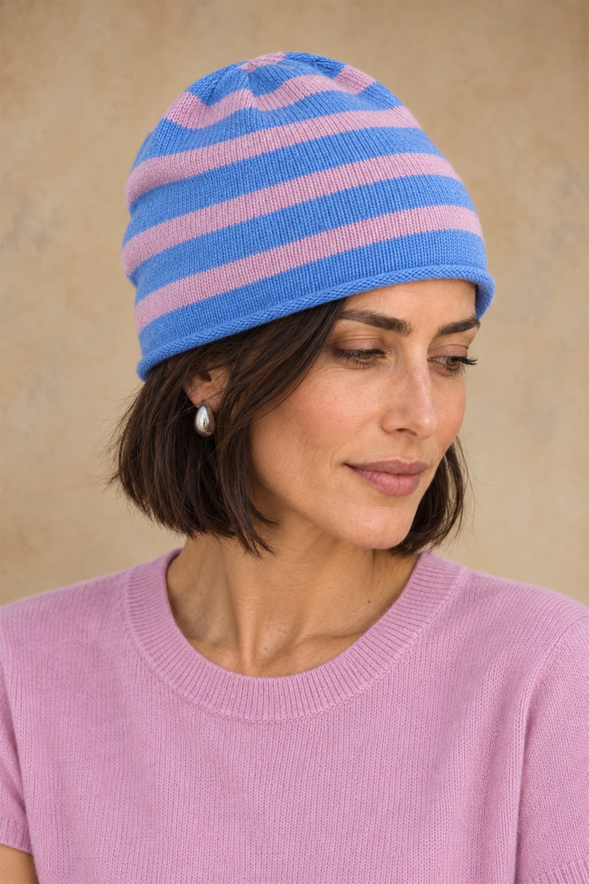 Elsa Beanie Cashmere Contrast-Stripe Beanie