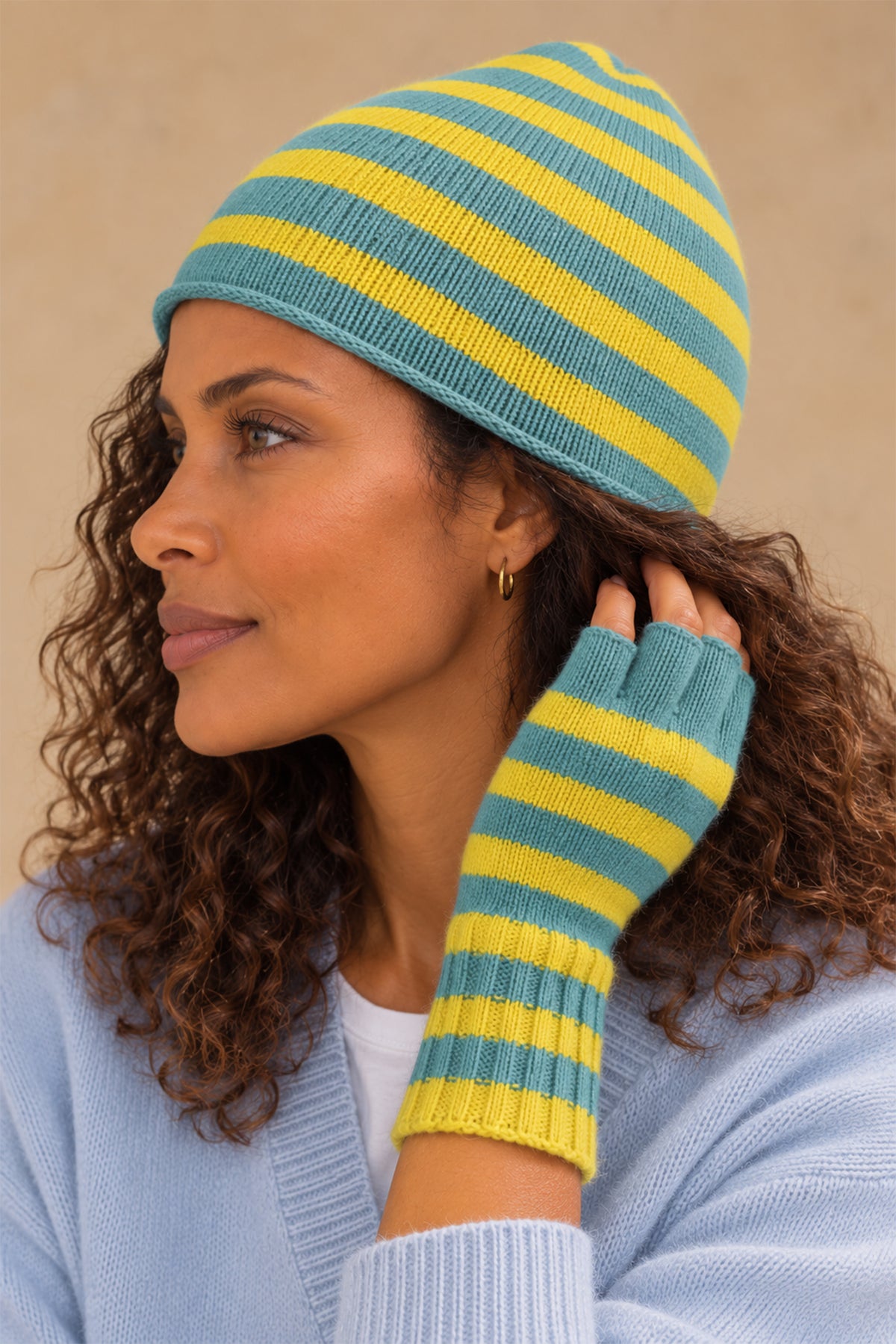 Elsa Beanie Cashmere Contrast-Stripe Beanie
