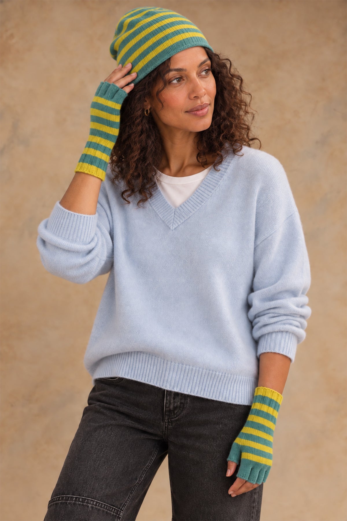 Elsa Beanie Cashmere Contrast-Stripe Beanie