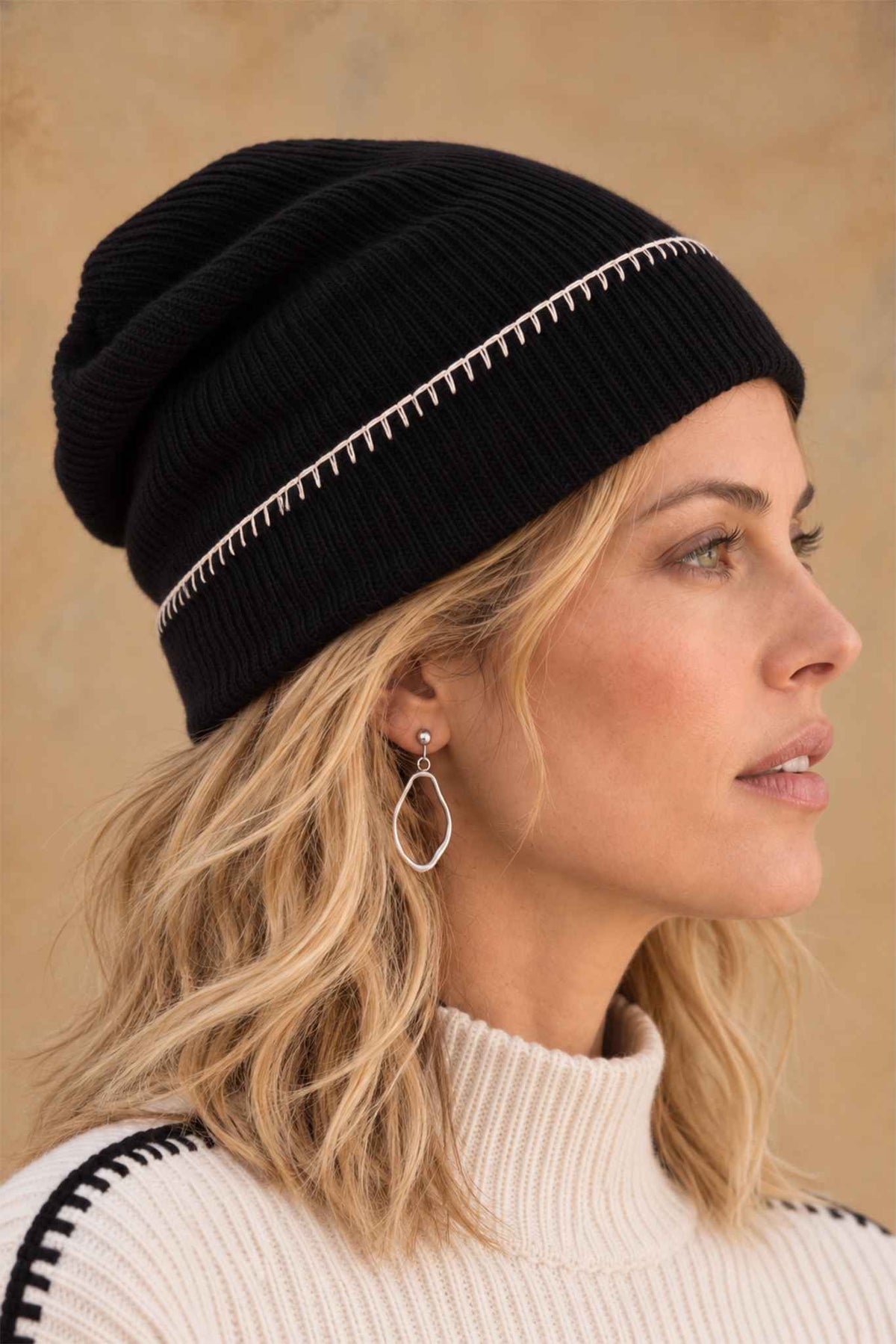 Joanie Beanie Cashmere Ribbed Contrast-Stitch Beanie