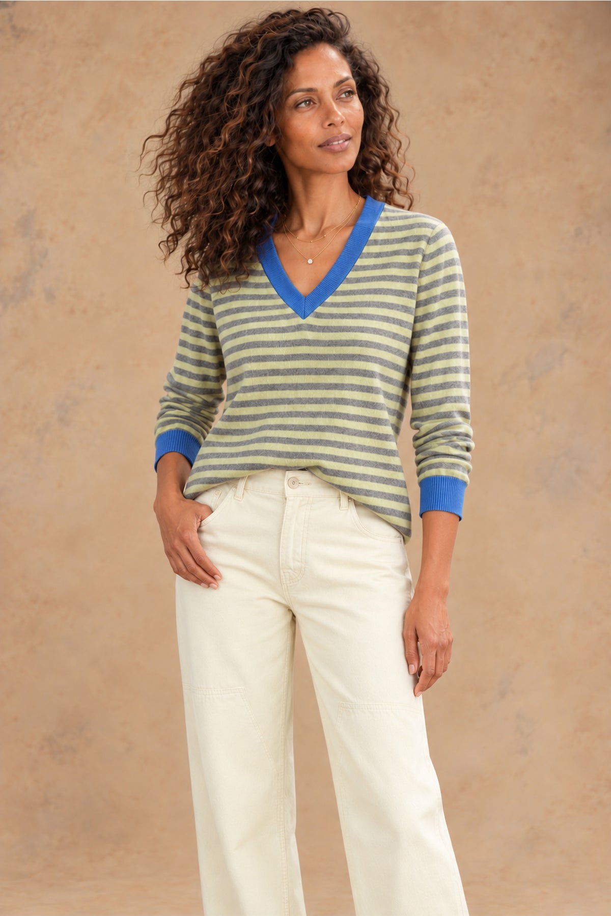 Haylie Cashmere Contrast-Stripe V-Neck Pullover