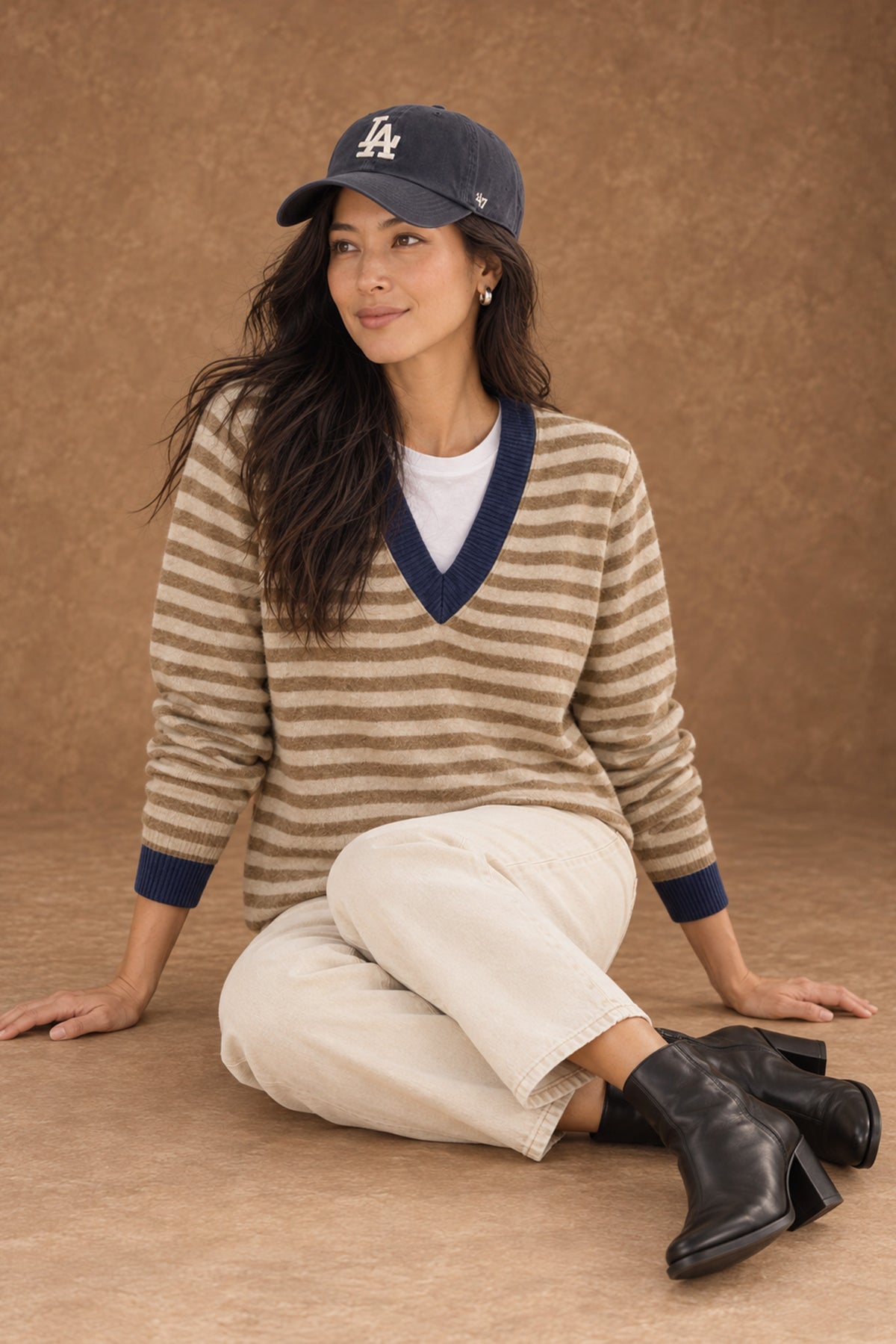 Haylie Cashmere Contrast-Stripe V-Neck Pullover