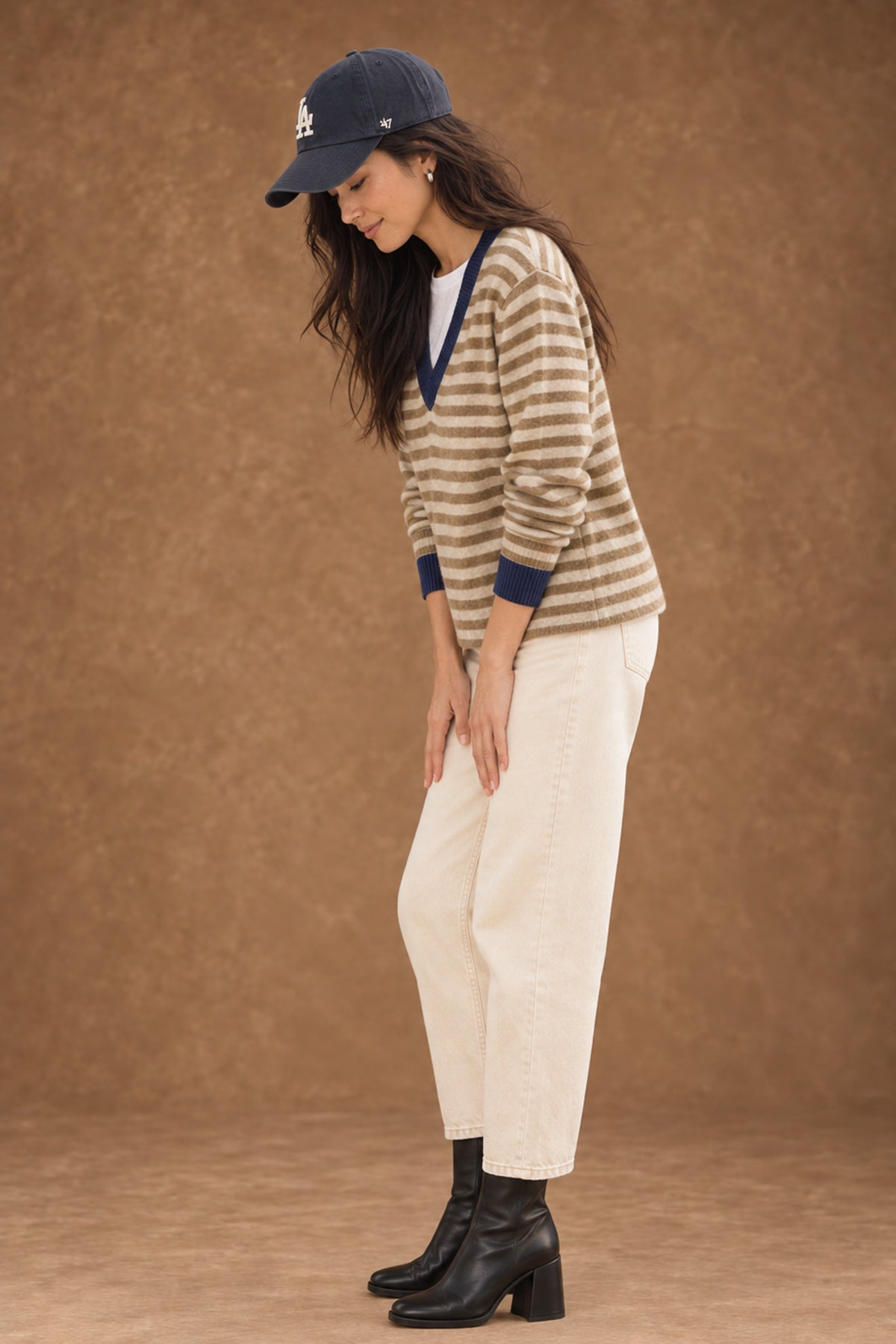 Haylie Cashmere Contrast-Stripe V-Neck Pullover