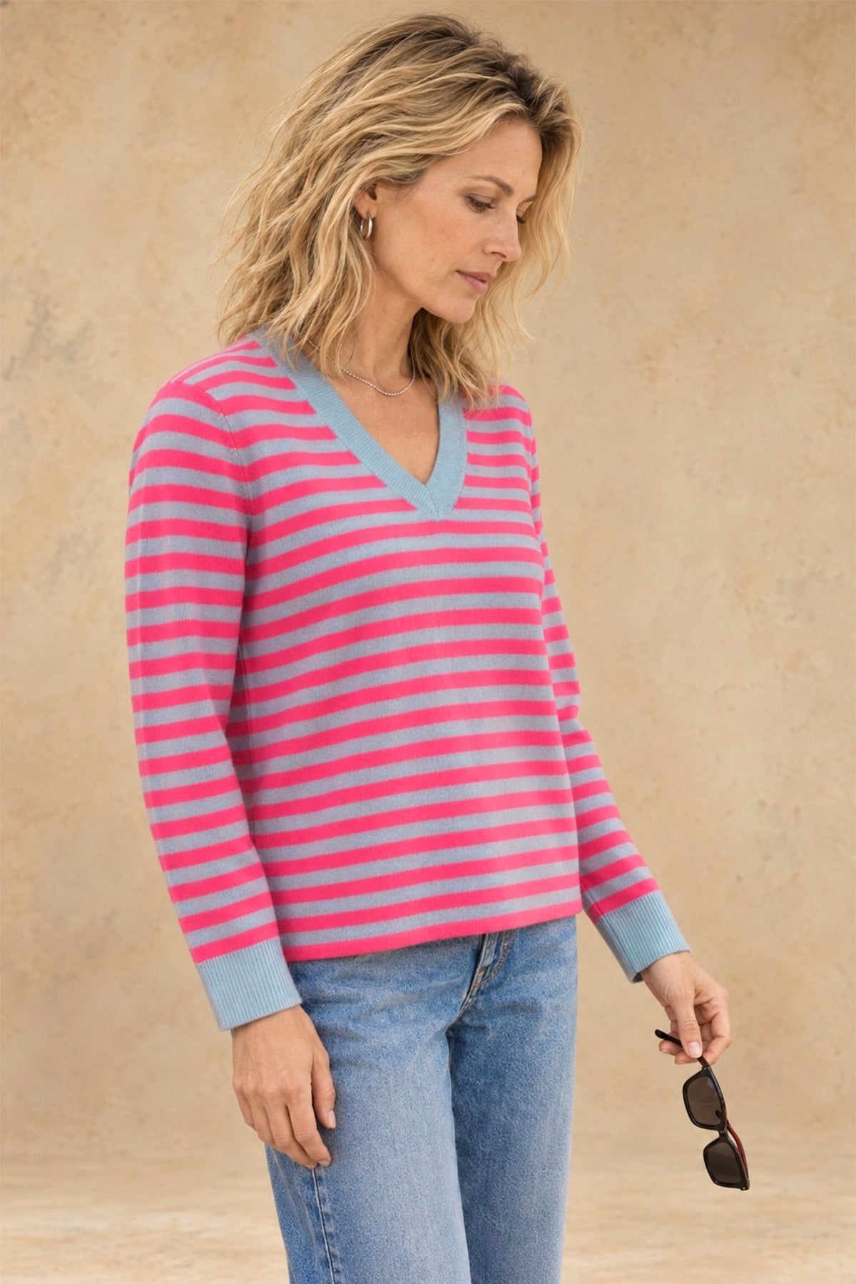 Haylie Cashmere Contrast-Stripe V-Neck Pullover