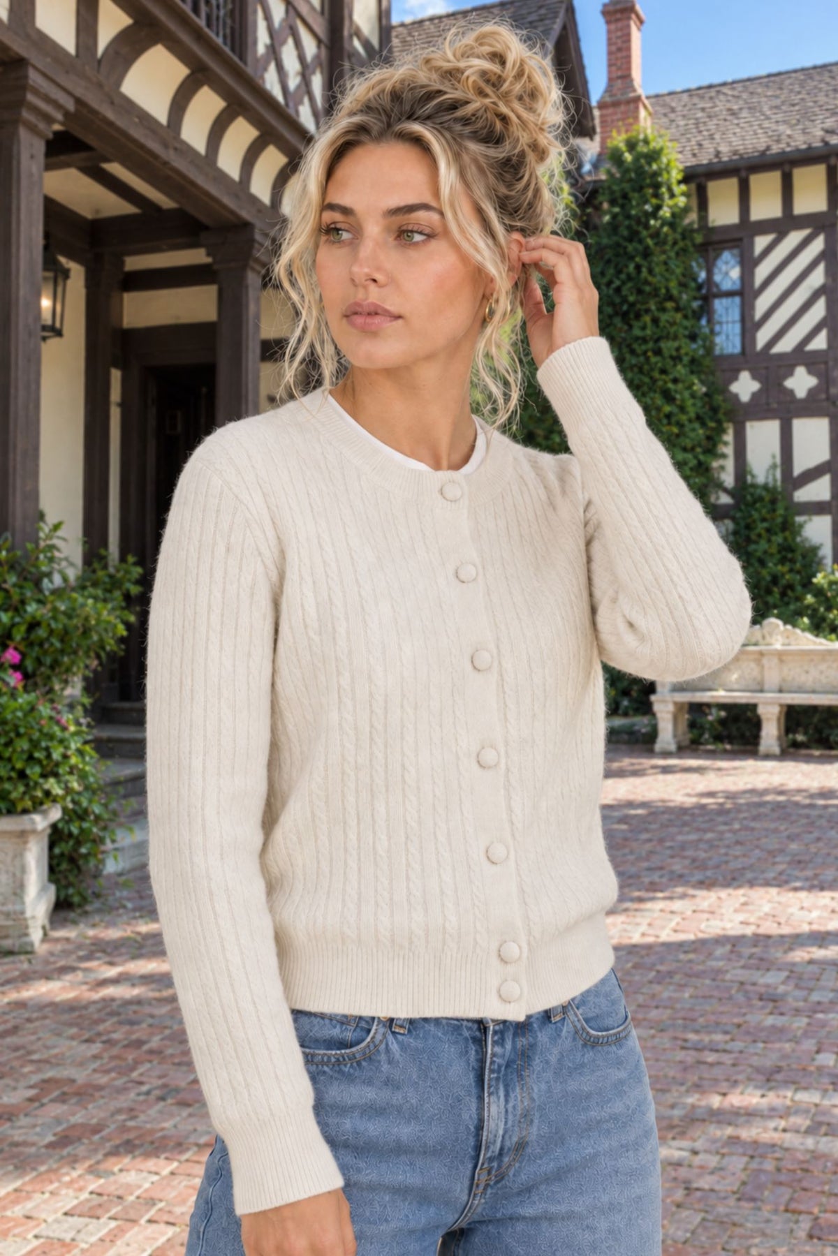 Alyssa Cashmere Cable  Crew Neck Cardigan