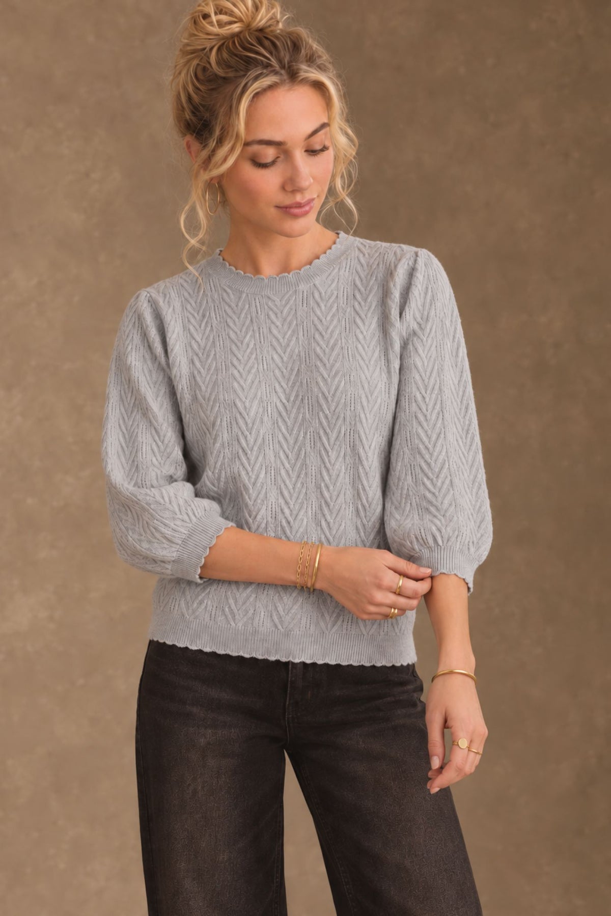 Charlene 3/4 Sleeve Textured Crewneck