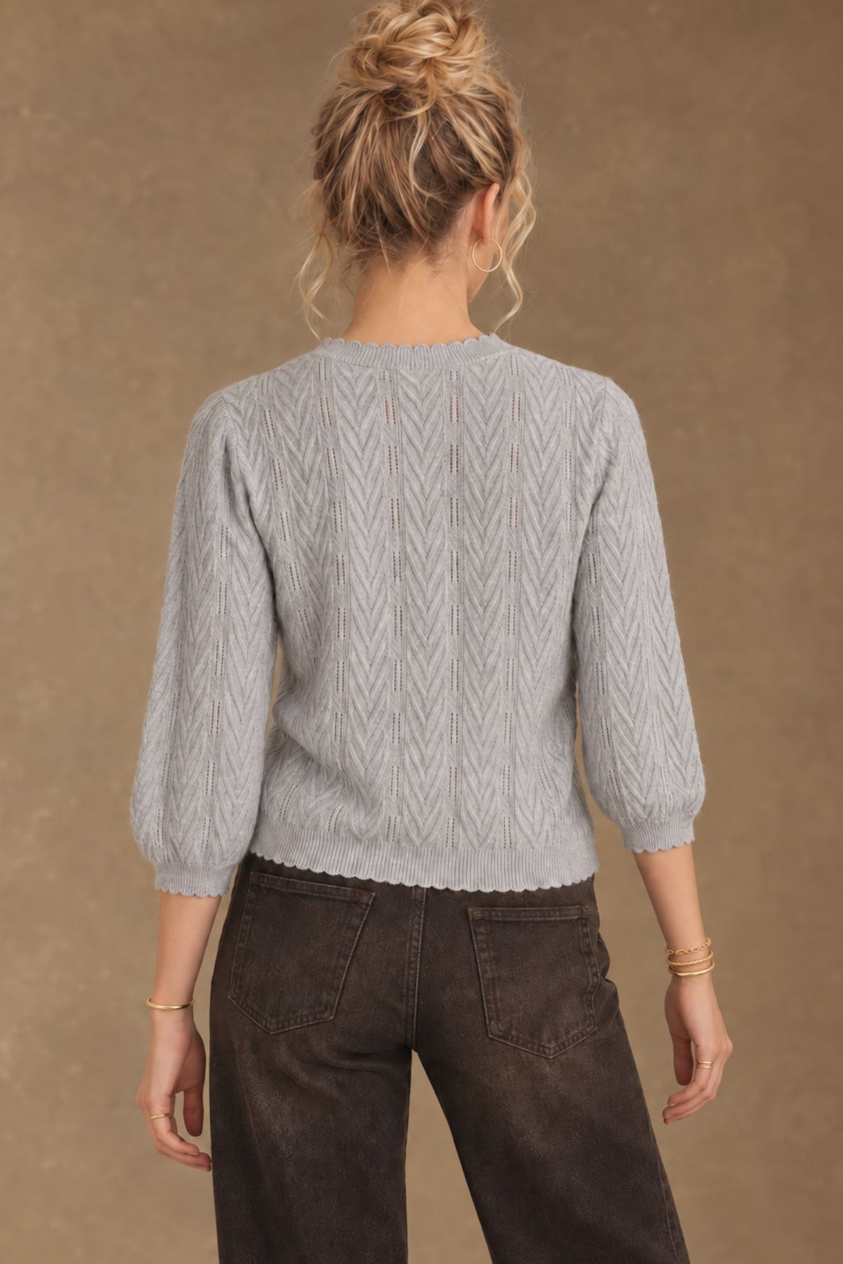 Charlene 3/4 Sleeve Textured Crewneck