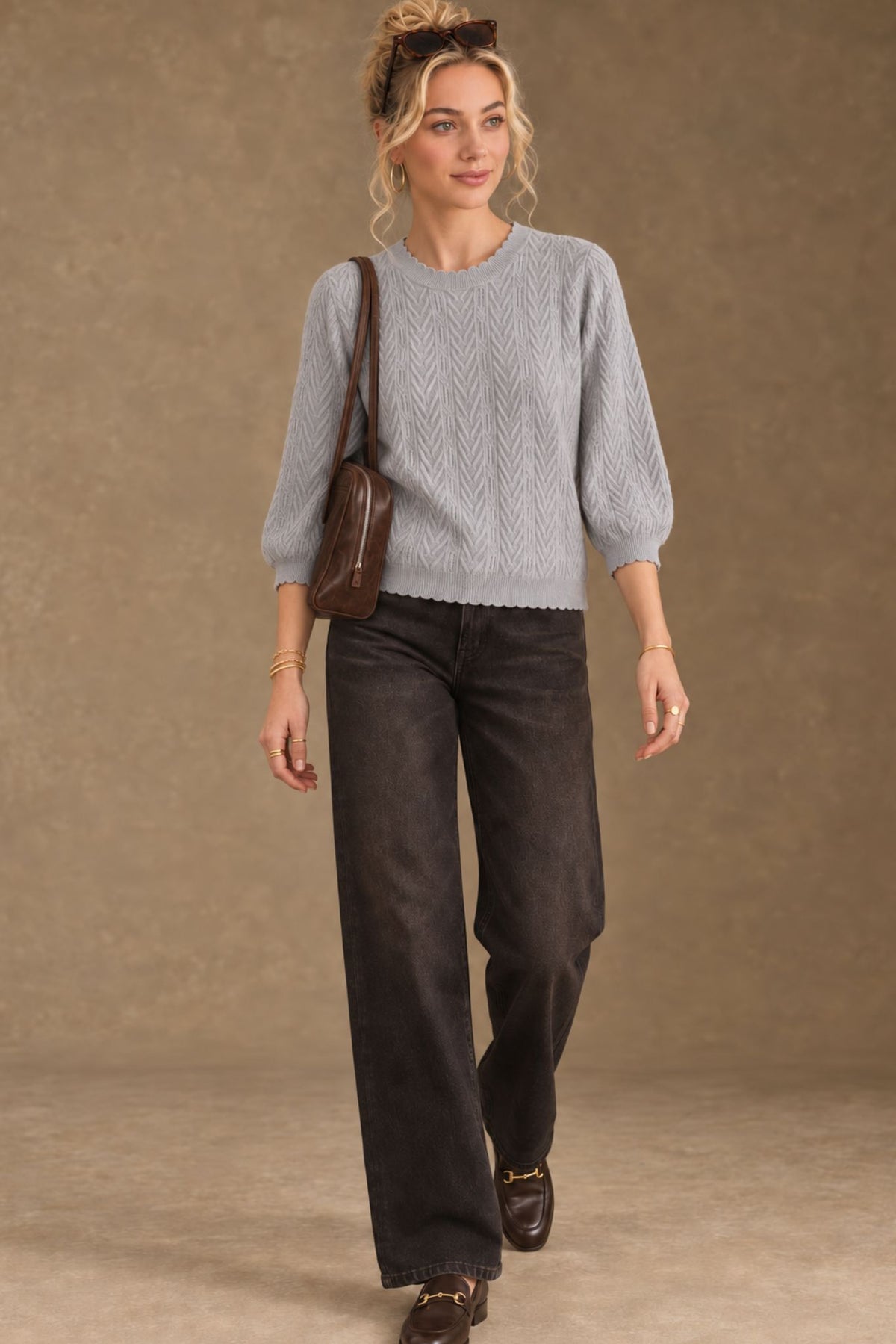Charlene 3/4 Sleeve Textured Crewneck