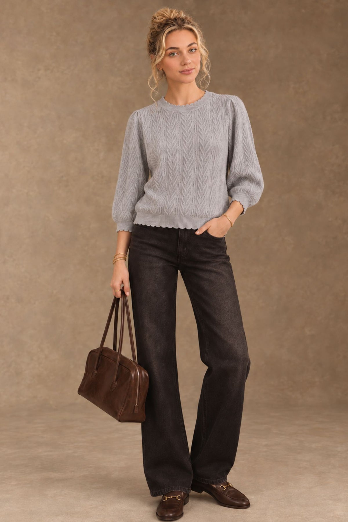 Charlene 3/4 Sleeve Textured Crewneck