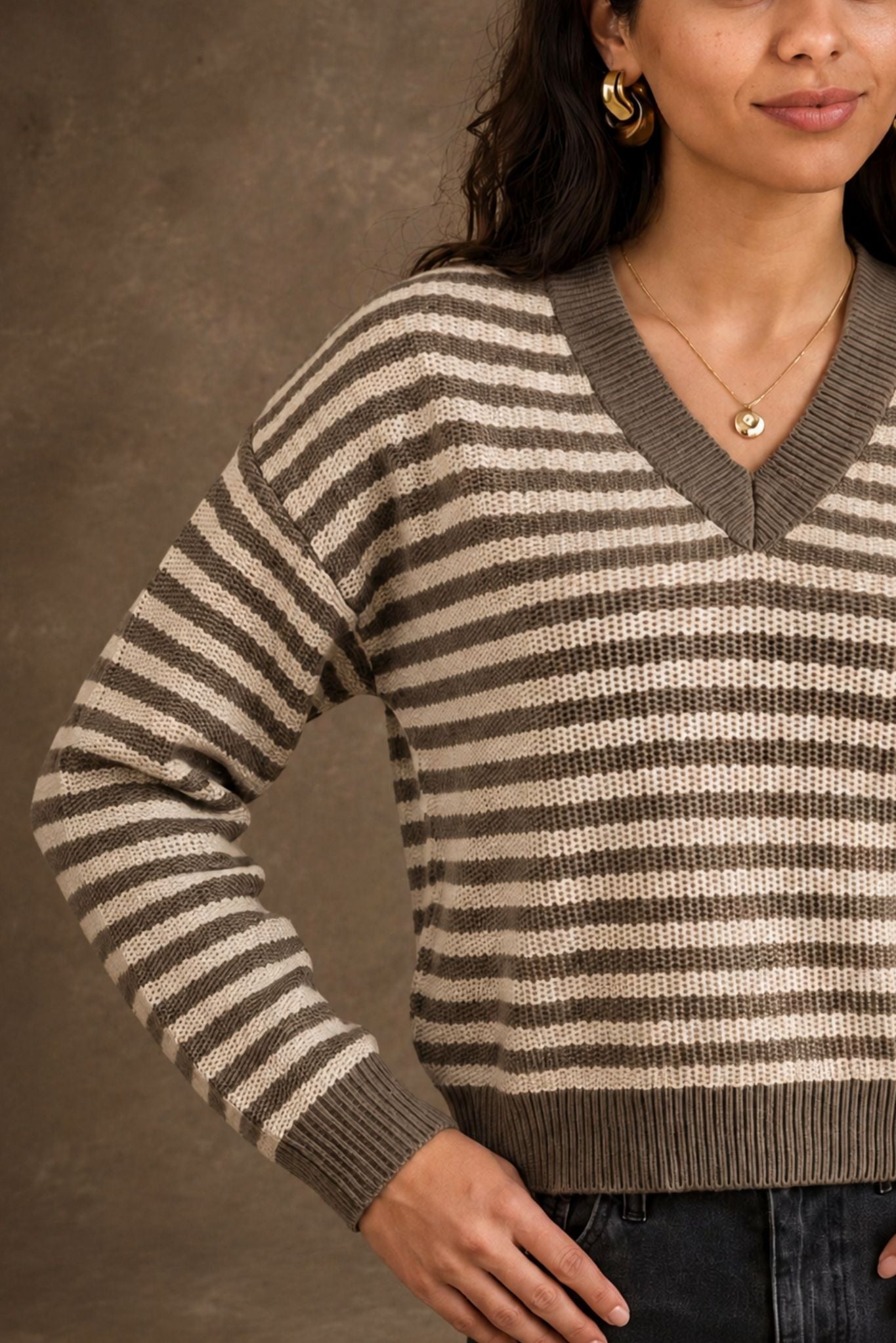 Mandee Cotton Cashmere Stripe V-Neck Pullover