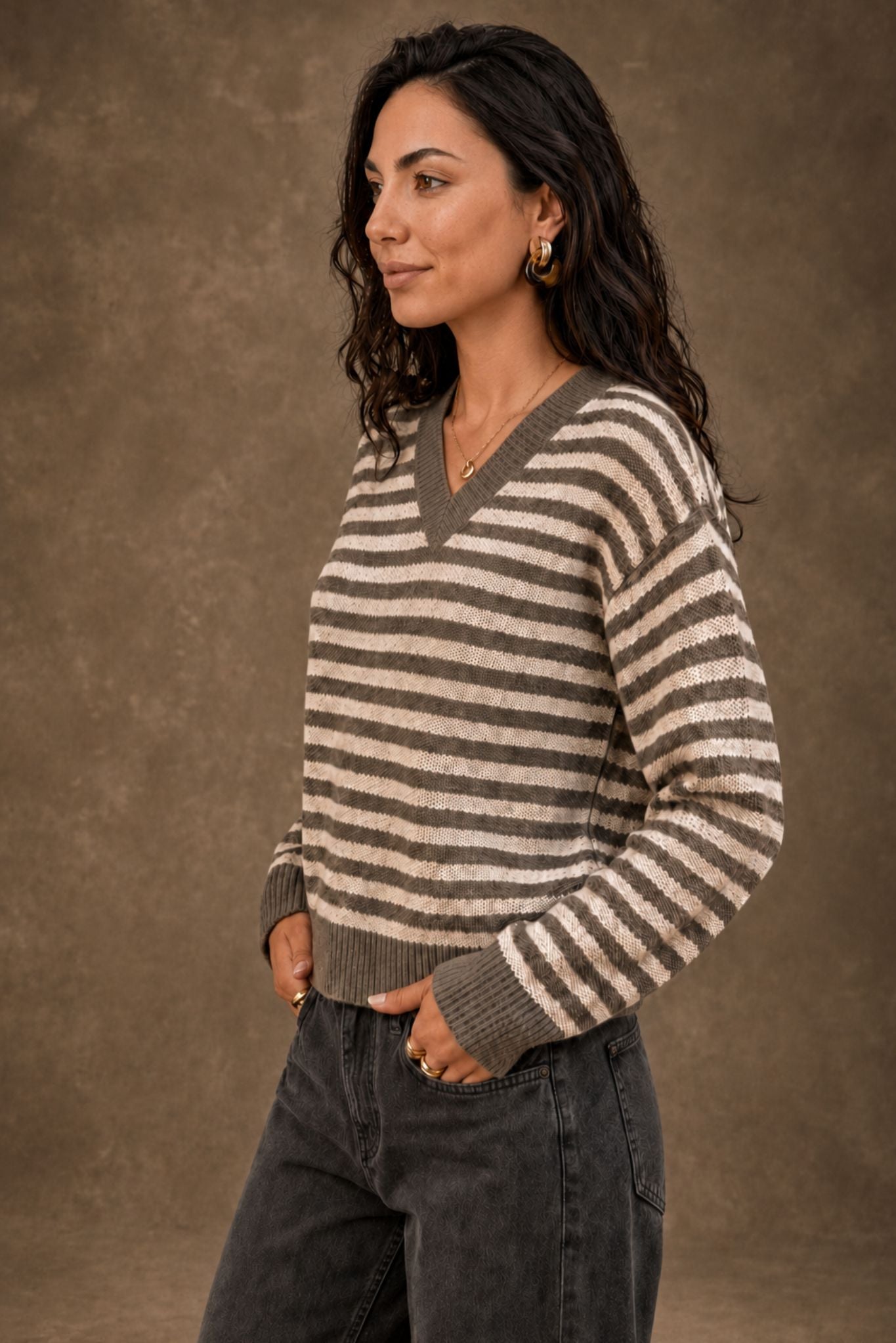 Mandee Cotton Cashmere Stripe V-Neck Pullover