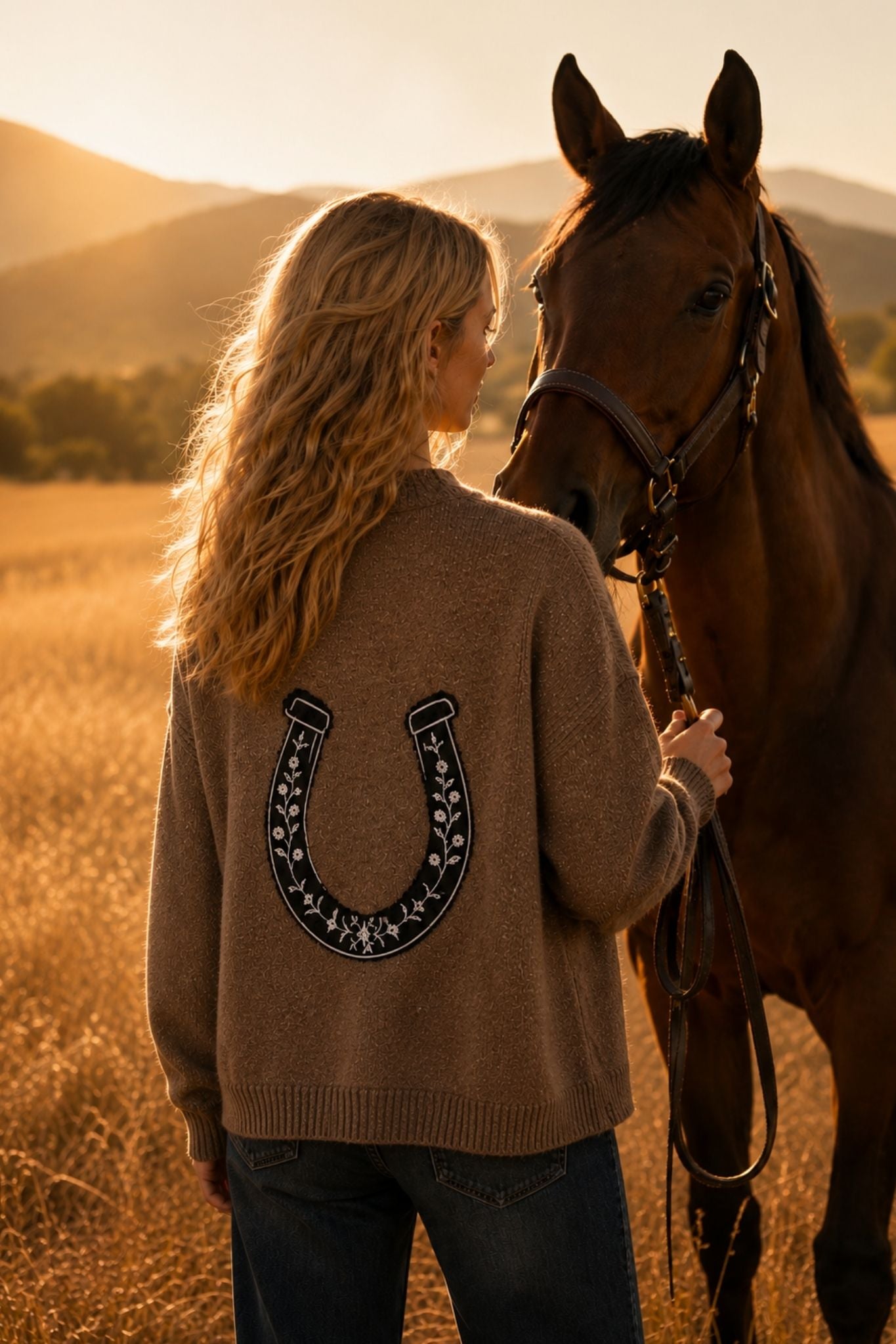 Noriko Cashmere Cardigan with Horse Shoe Graphic
