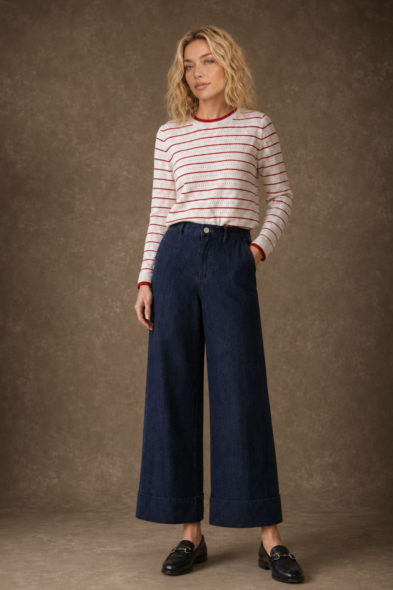 Pam Silk Cotton Wide leg Cuffed Denim Pant