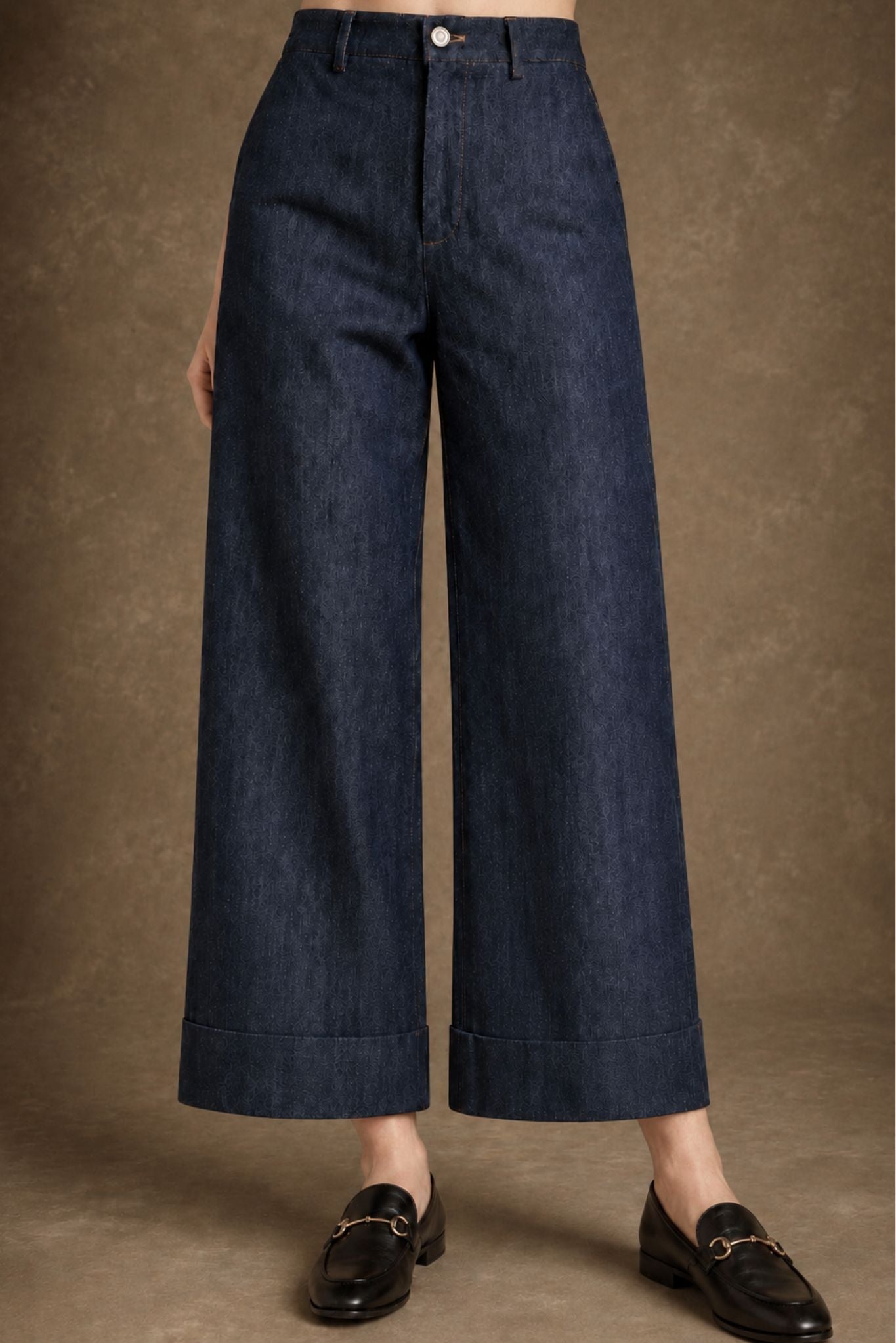 Pam Silk Cotton Wide leg Cuffed Denim Pant