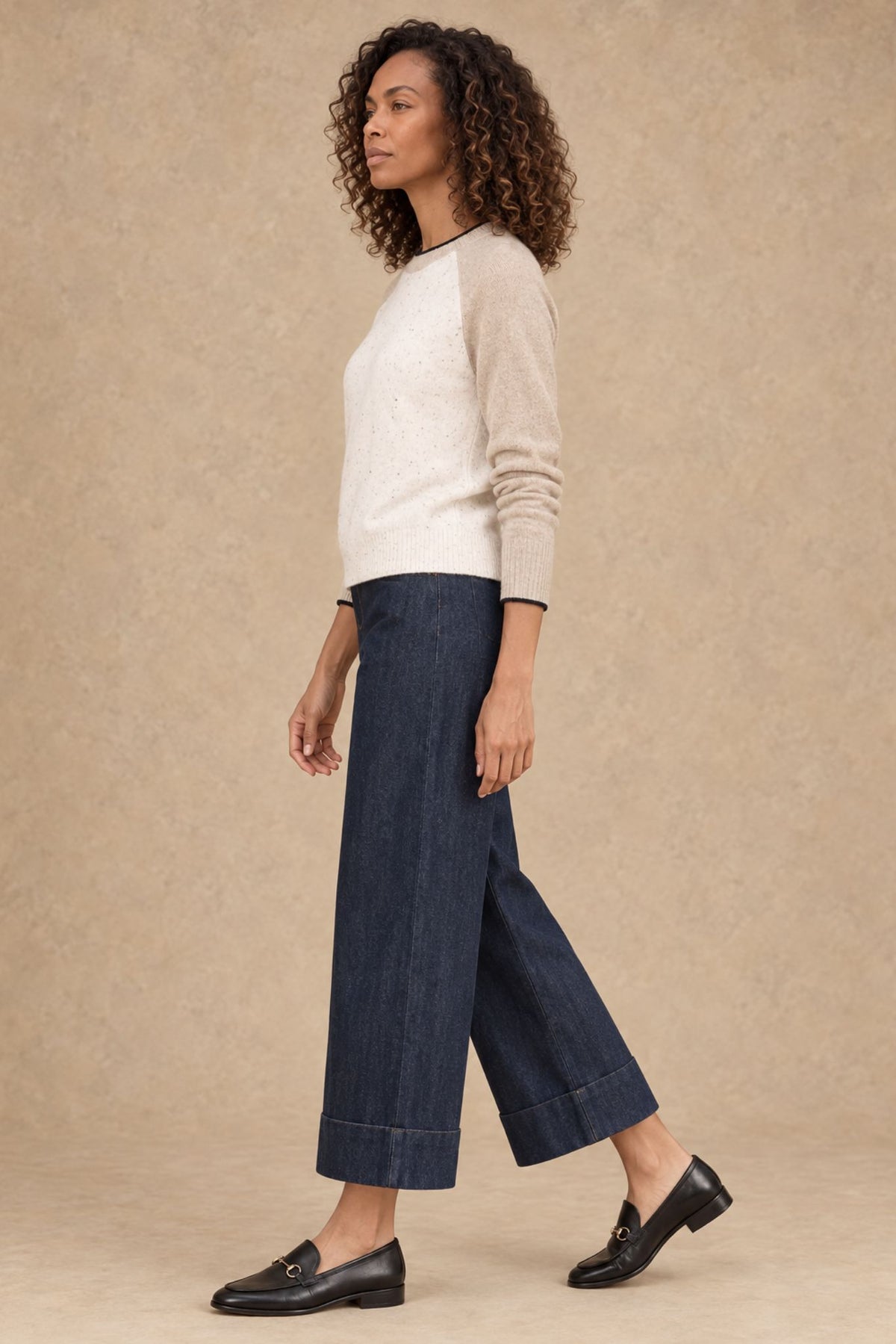 Pam Silk Cotton Wide leg Cuffed Denim Pant