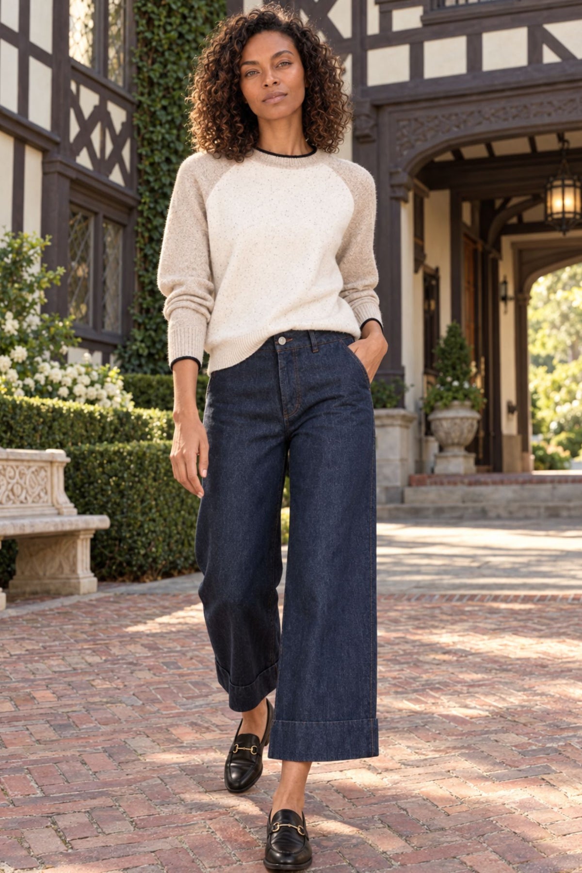 Pam Silk Cotton Wide leg Cuffed Denim Pant