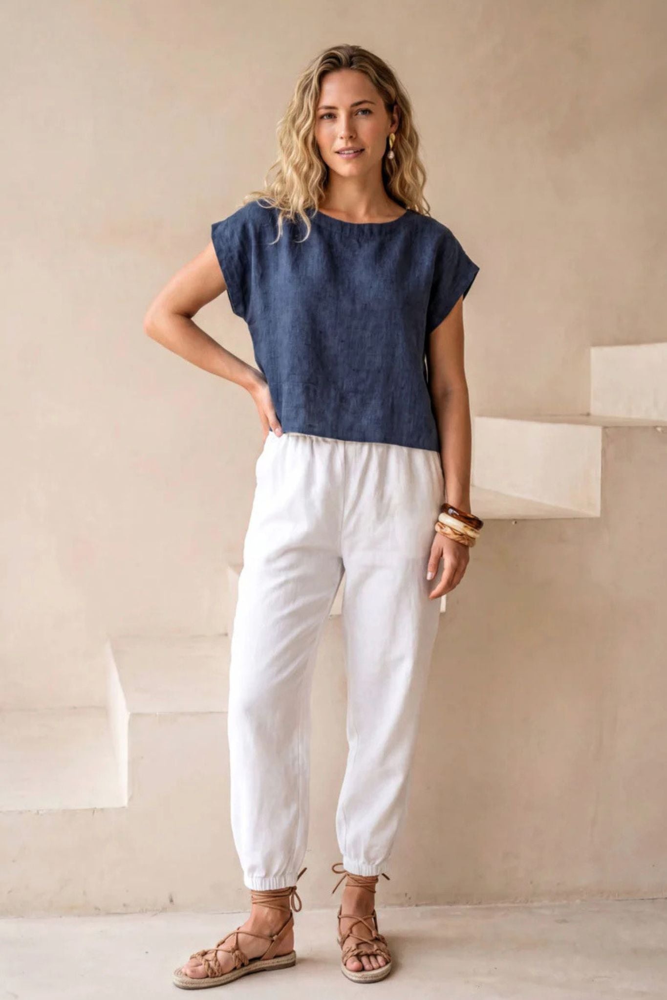 Serra Linen Boat Neck Cropped Top