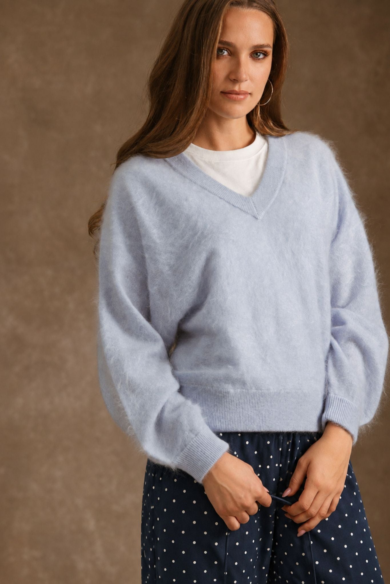 Sue Fuzzy Cashmere V Neck Pullover