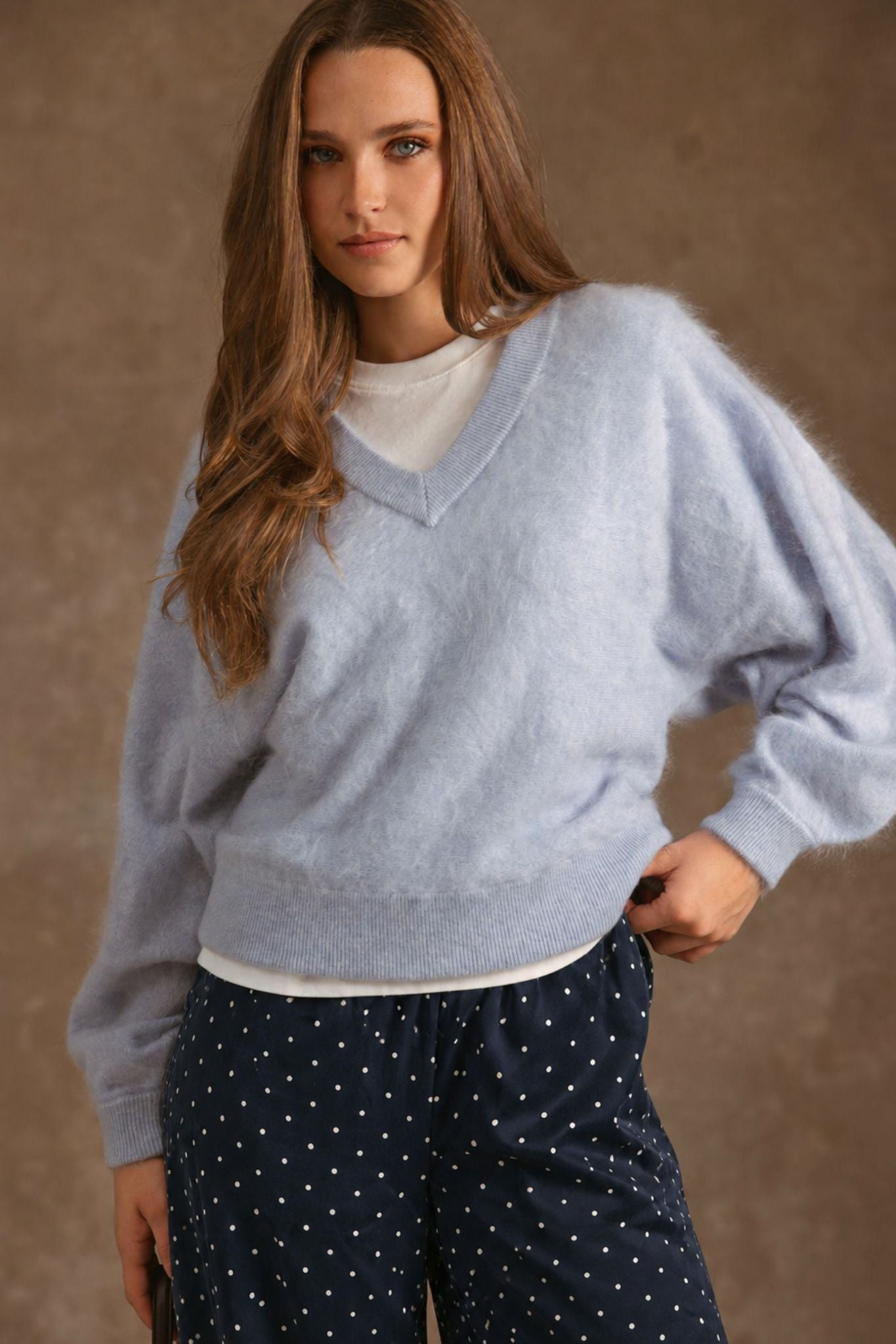 Sue Fuzzy Cashmere V Neck Pullover