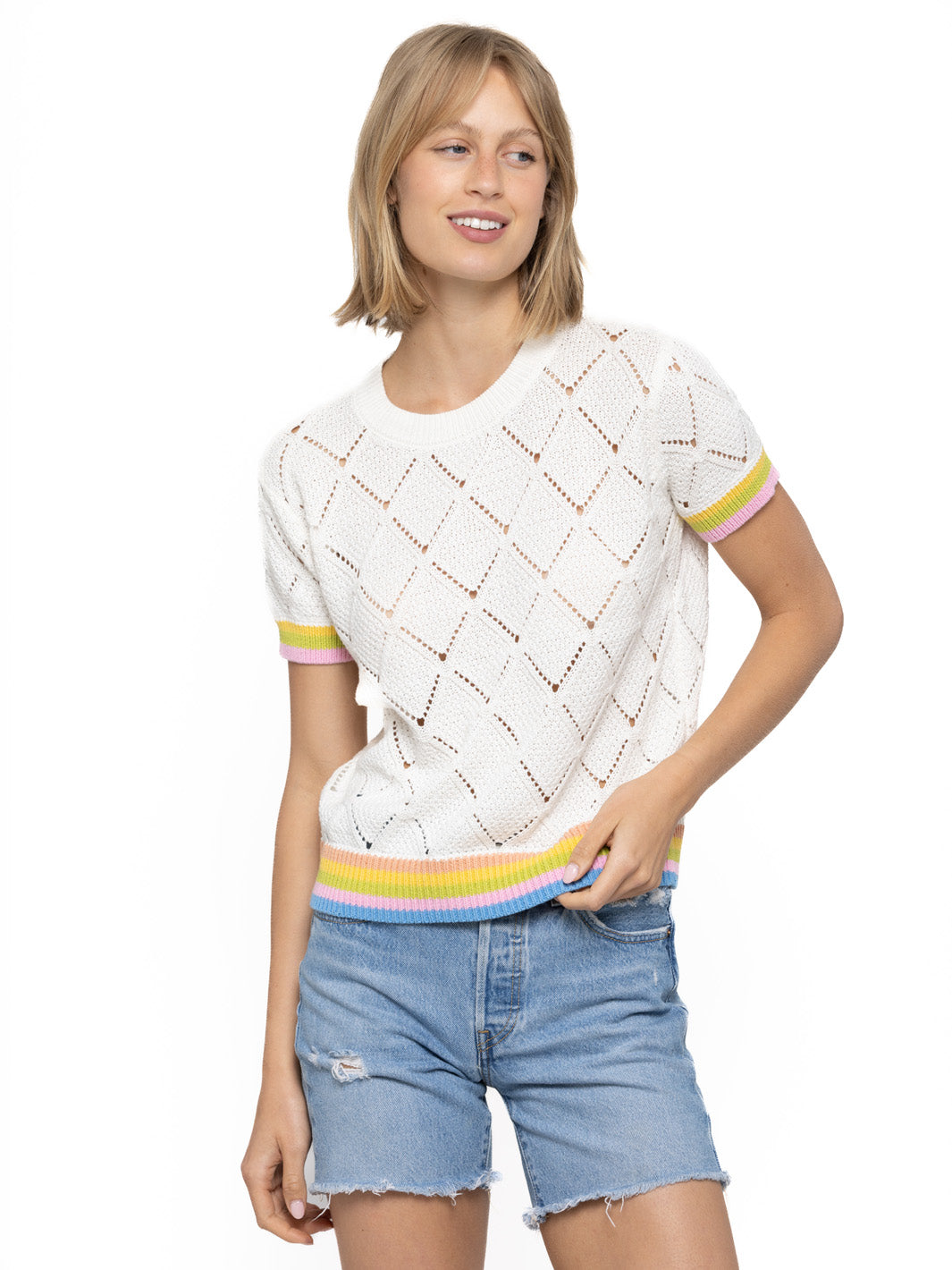 Adriel Cotton Pointelle Top with Striped Trims