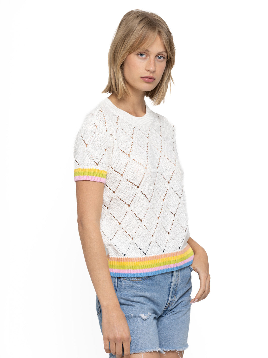 Adriel Cotton Pointelle Top with Striped Trims