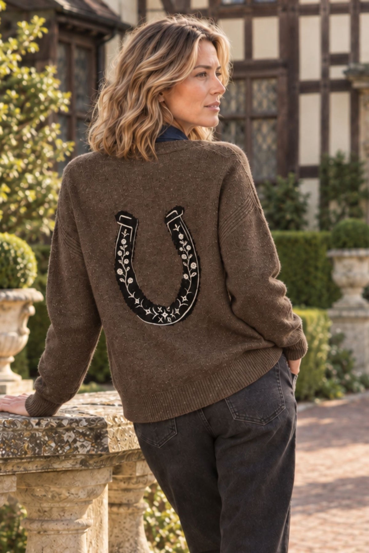 Noriko Cashmere Cardigan with Horse Shoe Graphic