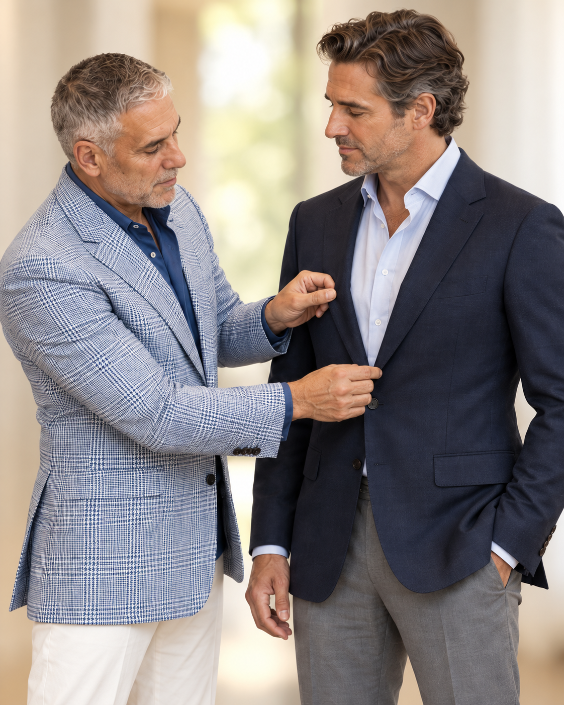 Ernie adjusting a client's tailored jacket during a Vallorani fitting