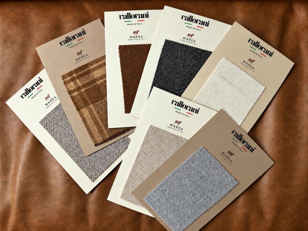 Vallorani Italian fabric swatches in camel, ivory, grey, and charcoal